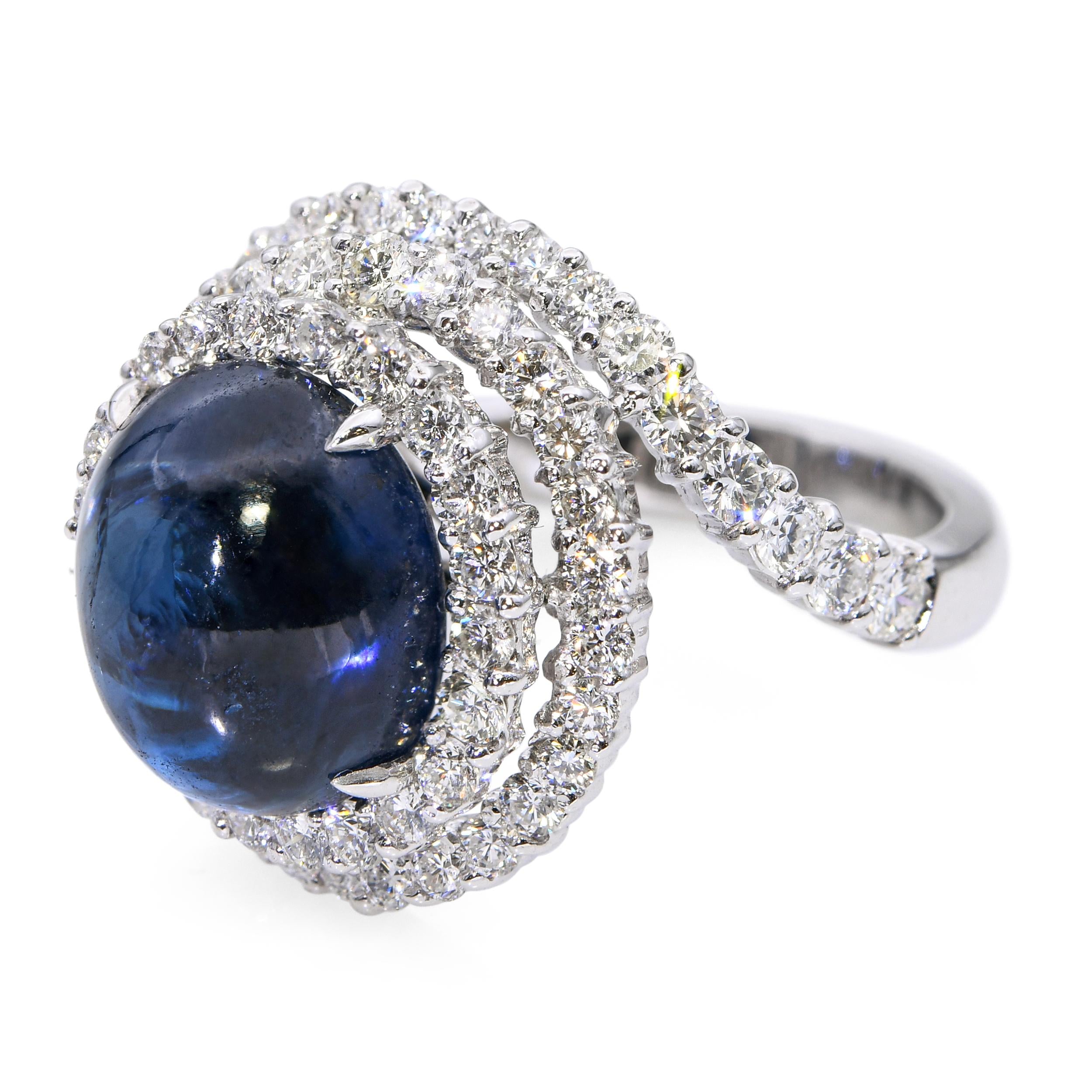 18k White Gold 8ct Cabochon Sapphire and Diamond Spiral Ring