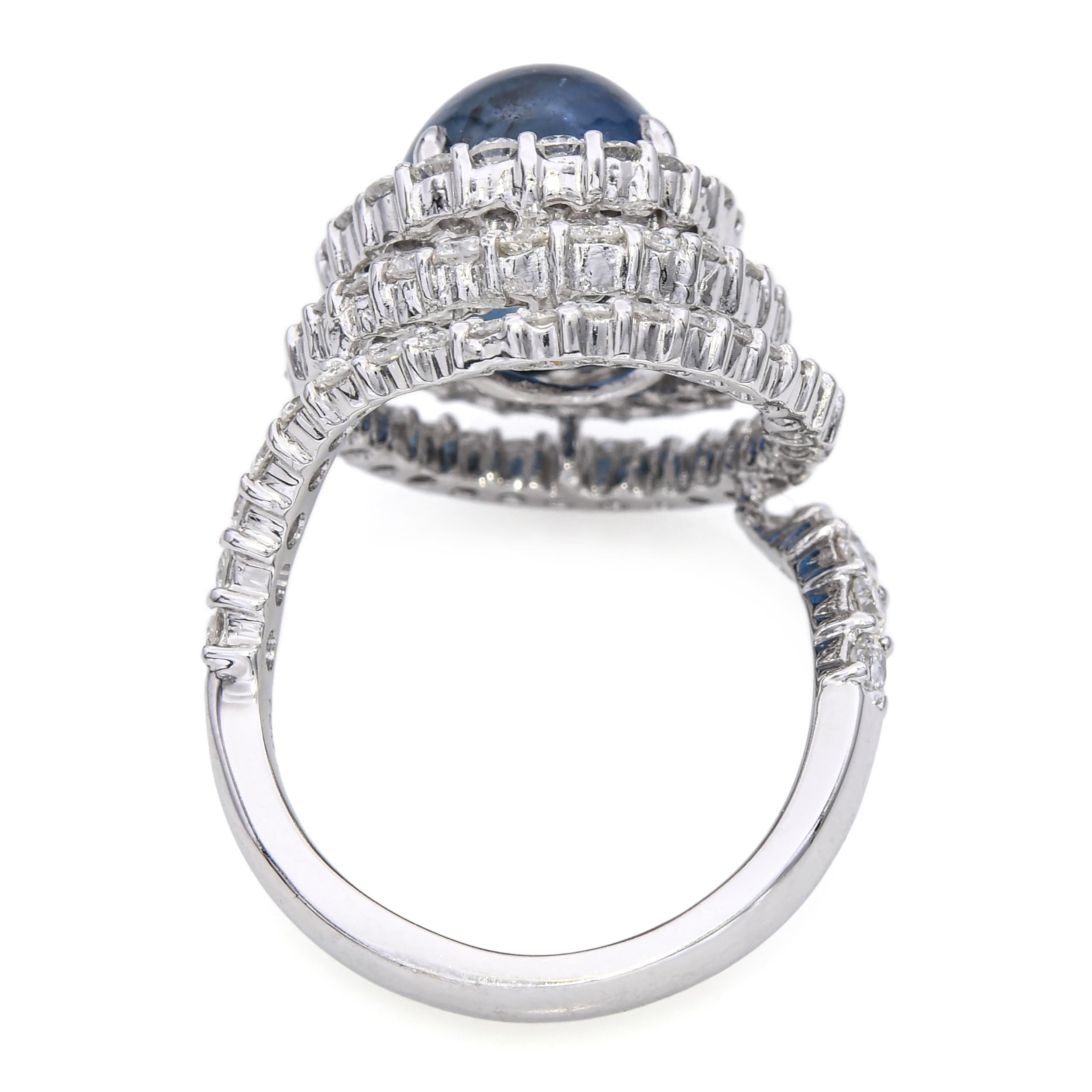 18k White Gold 8ct Cabochon Sapphire and Diamond Spiral Ring