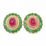 19k Yellow Gold 12.5tcw Tourmaline 3.60tcw Emerald and Diamond Mughal Ear Clips