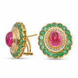 19k Yellow Gold 12.5tcw Tourmaline 3.60tcw Emerald and Diamond Mughal Ear Clips
