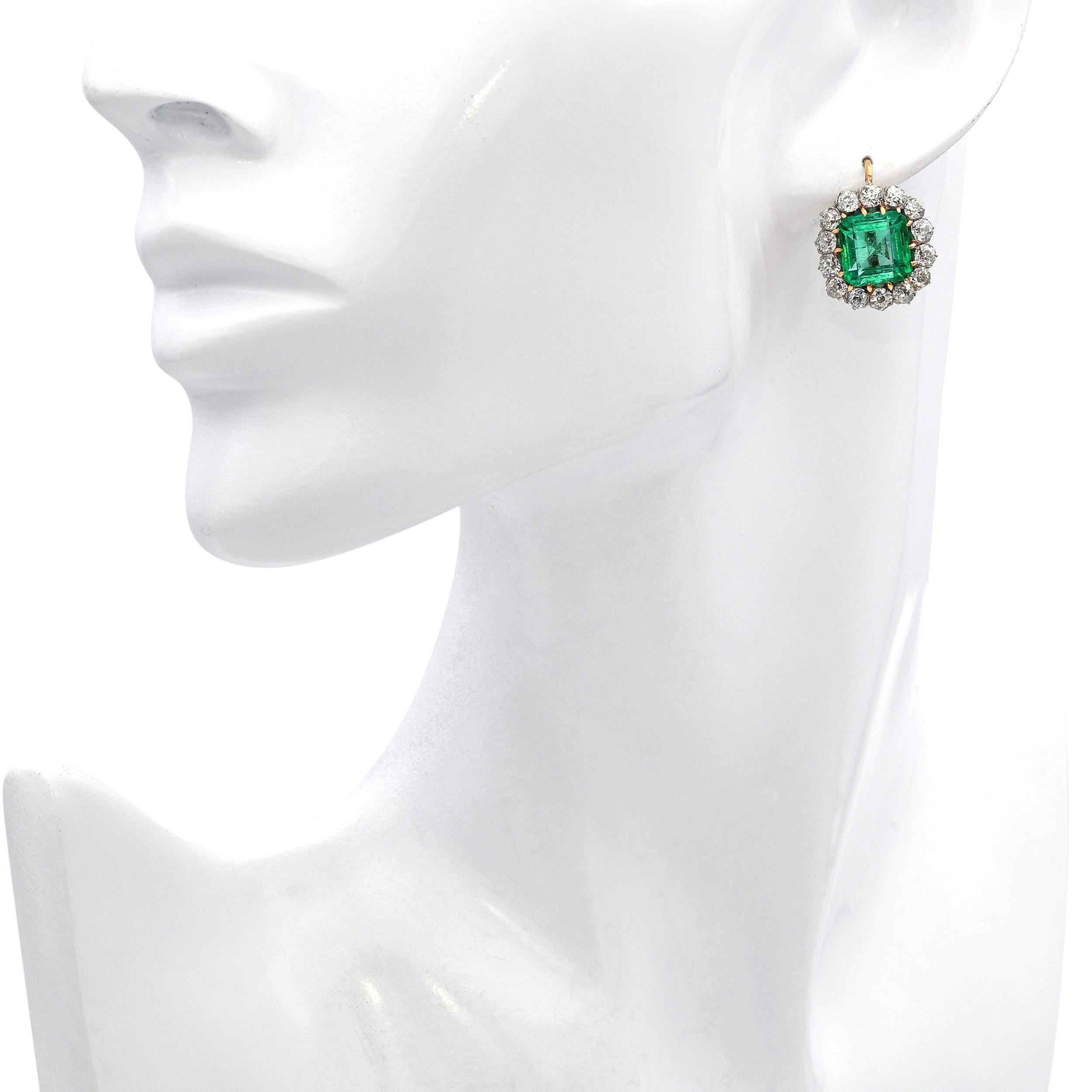 Antique 18k Yellow Gold & Platinum GIA Colombian Emerald & Diamond Earrings