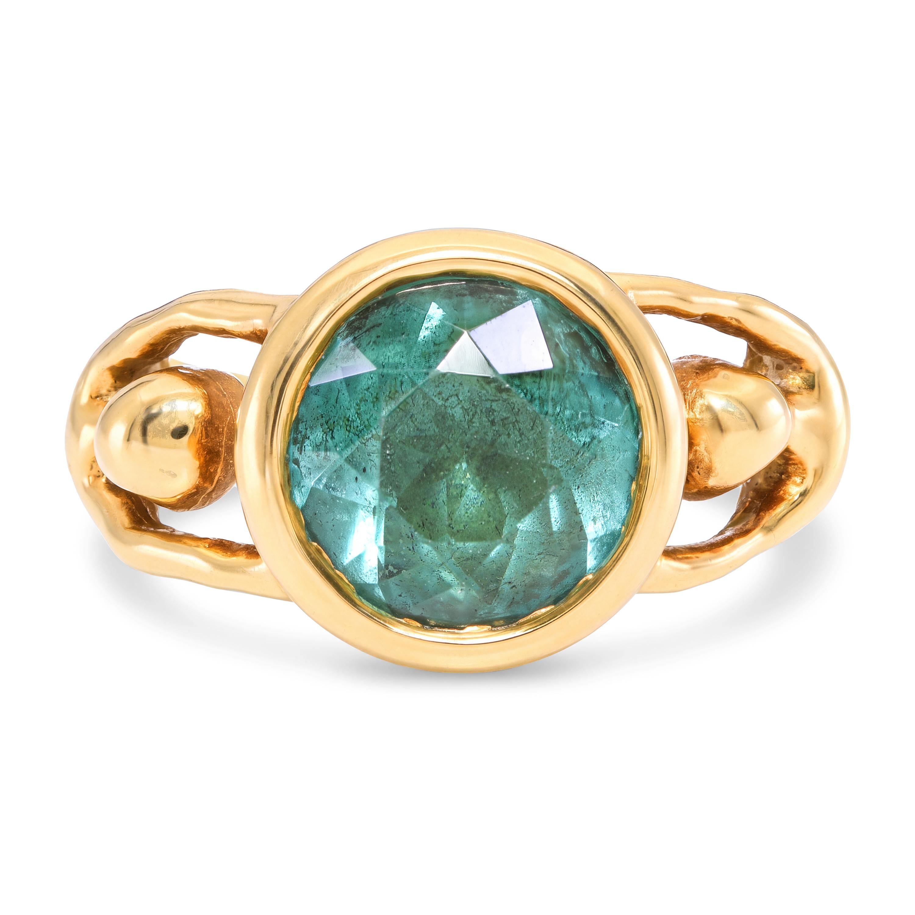 18k Yellow Gold Blue Green Tourmaline Sculptural Figural Ring GIA