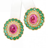 19k Yellow Gold 12.5tcw Tourmaline 3.60tcw Emerald and Diamond Mughal Ear Clips
