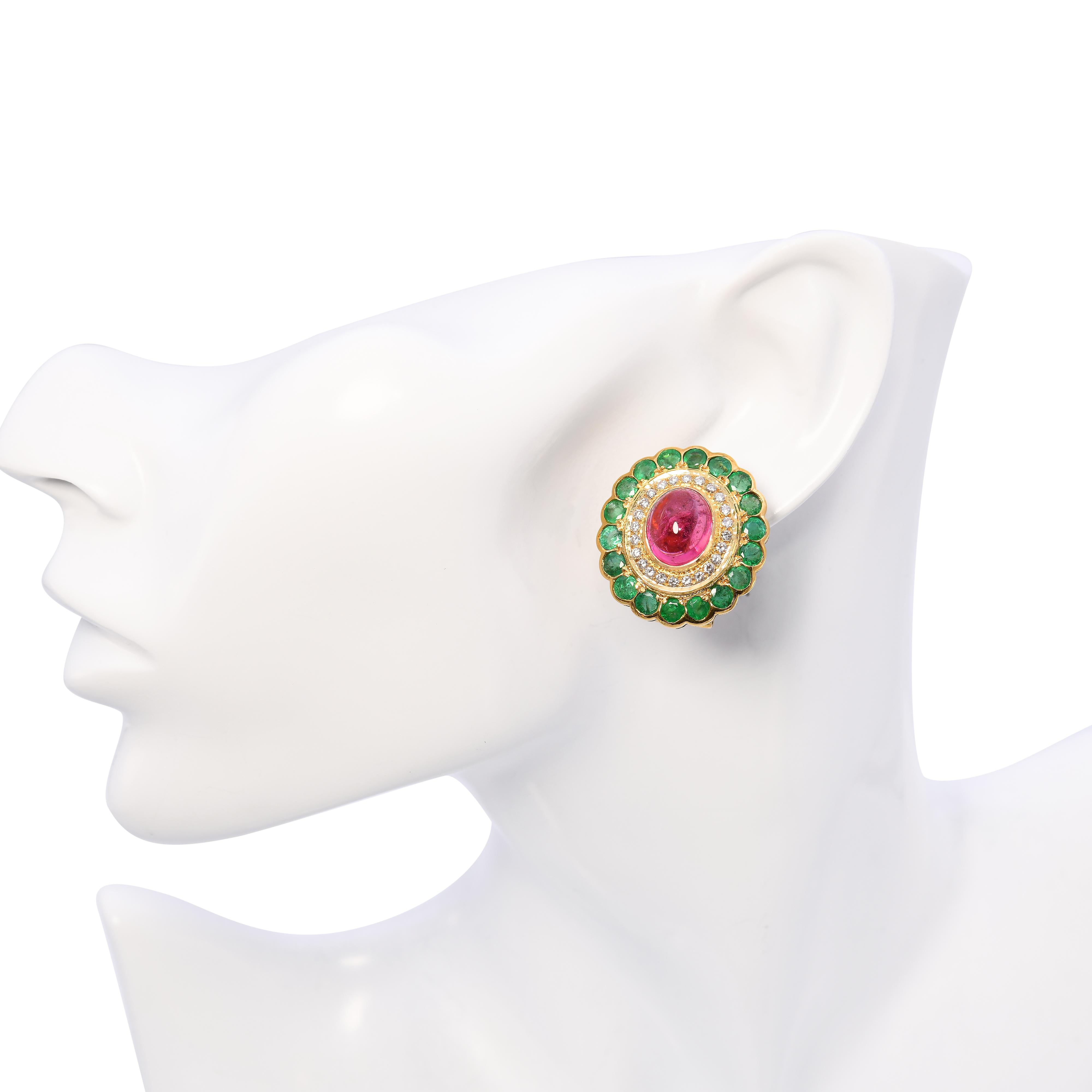 19k Yellow Gold 12.5tcw Tourmaline 3.60tcw Emerald and Diamond Mughal Ear Clips