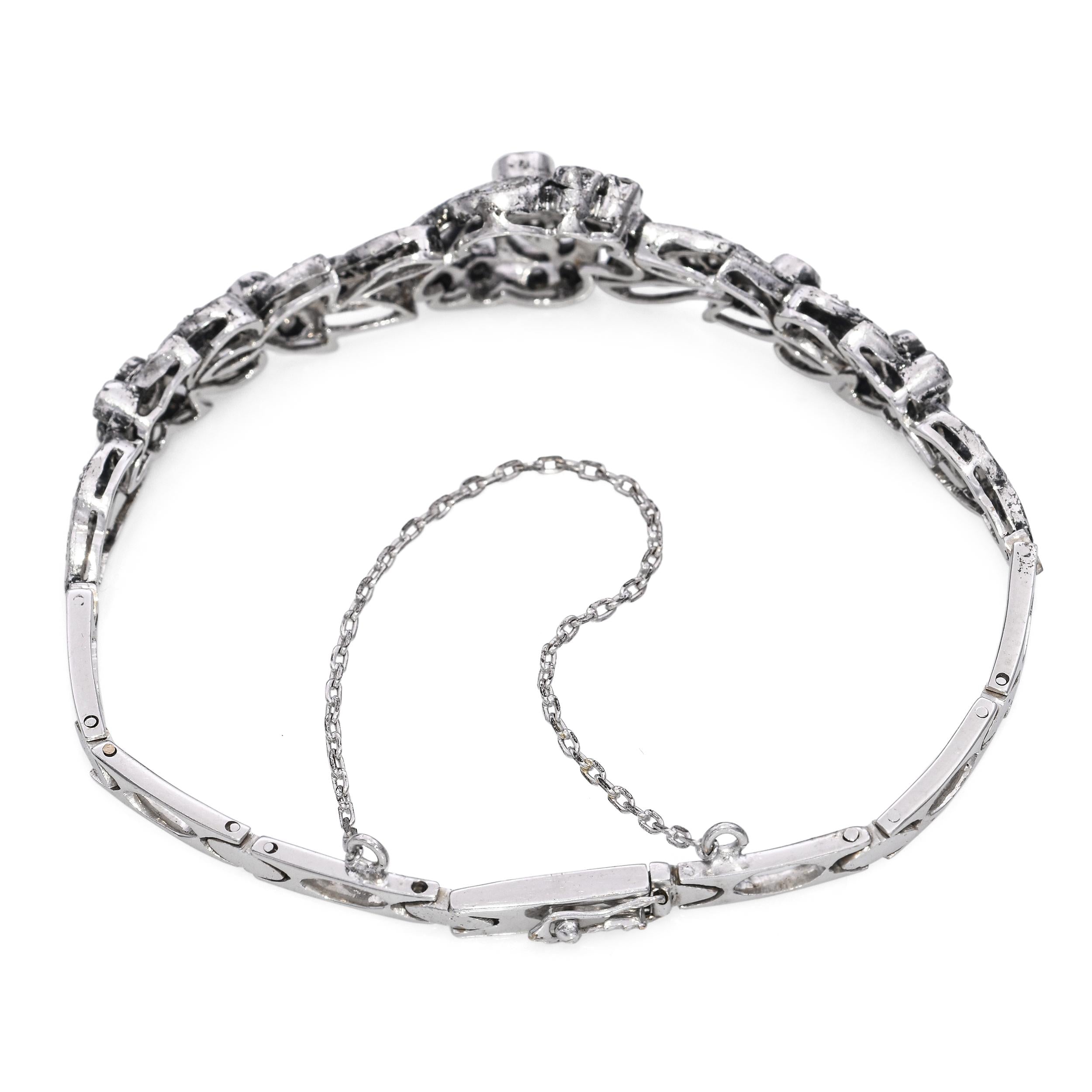 Vintage 10k White Gold Diamond Floral Motif Bracelet