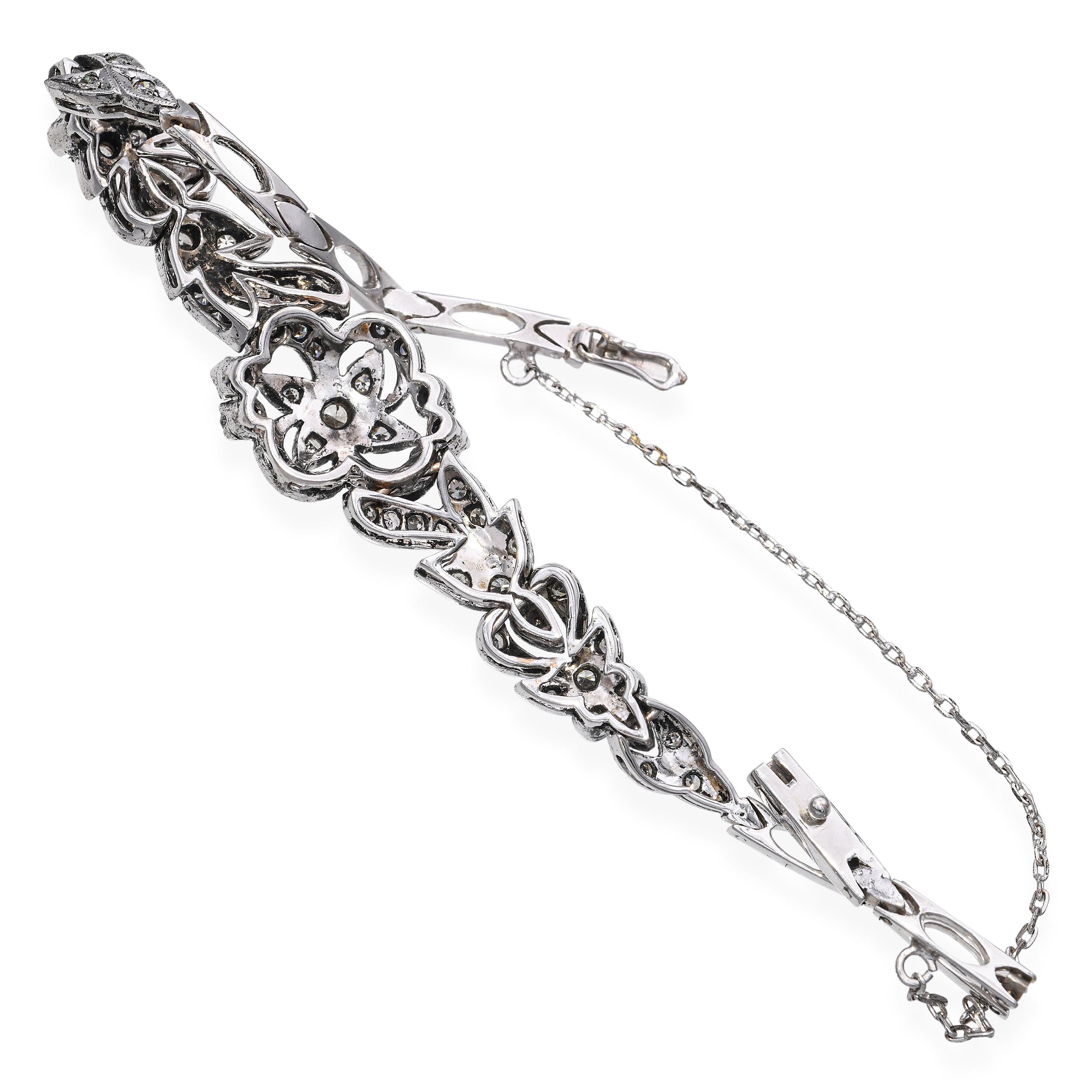 Vintage 10k White Gold Diamond Floral Motif Bracelet