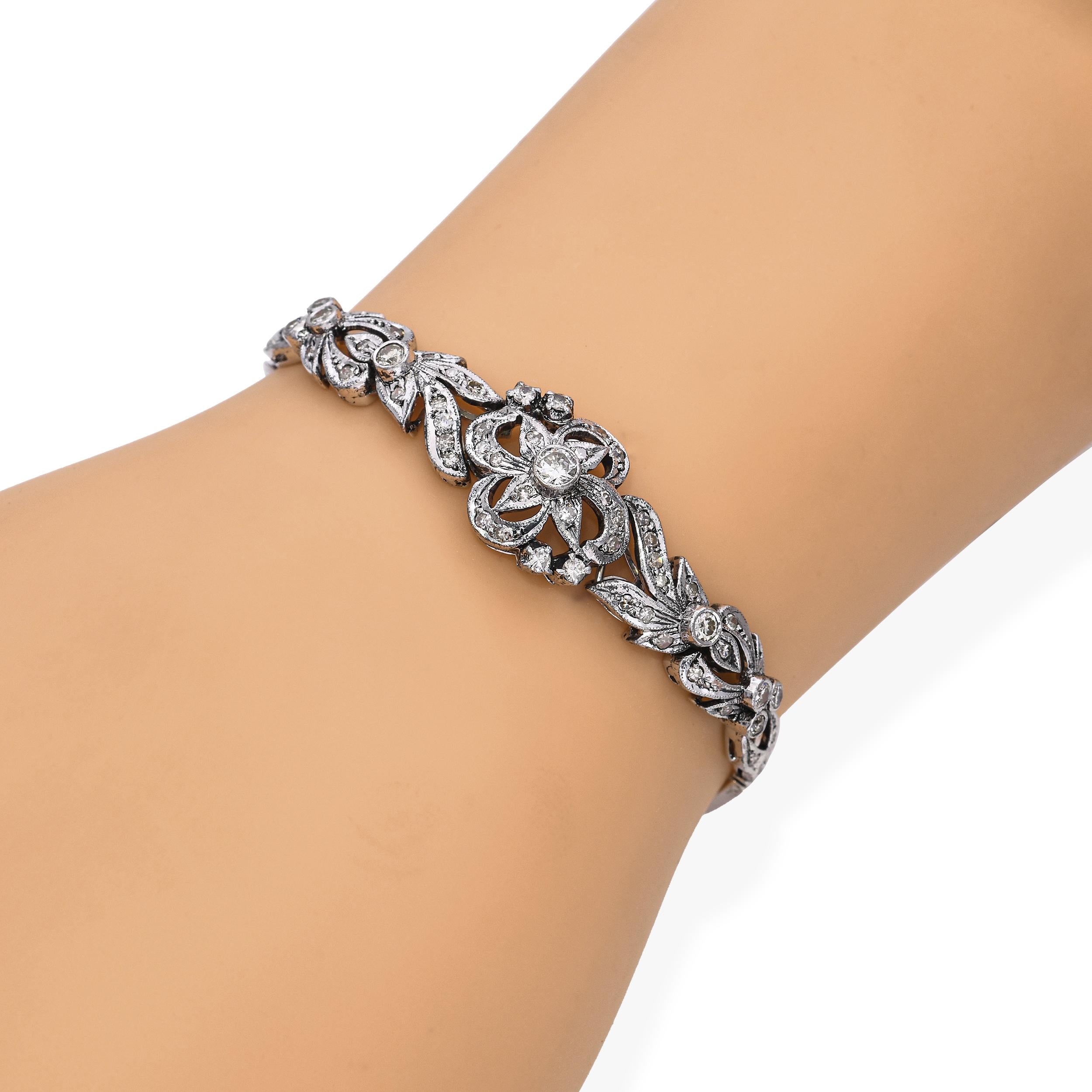 Vintage 10k White Gold Diamond Floral Motif Bracelet
