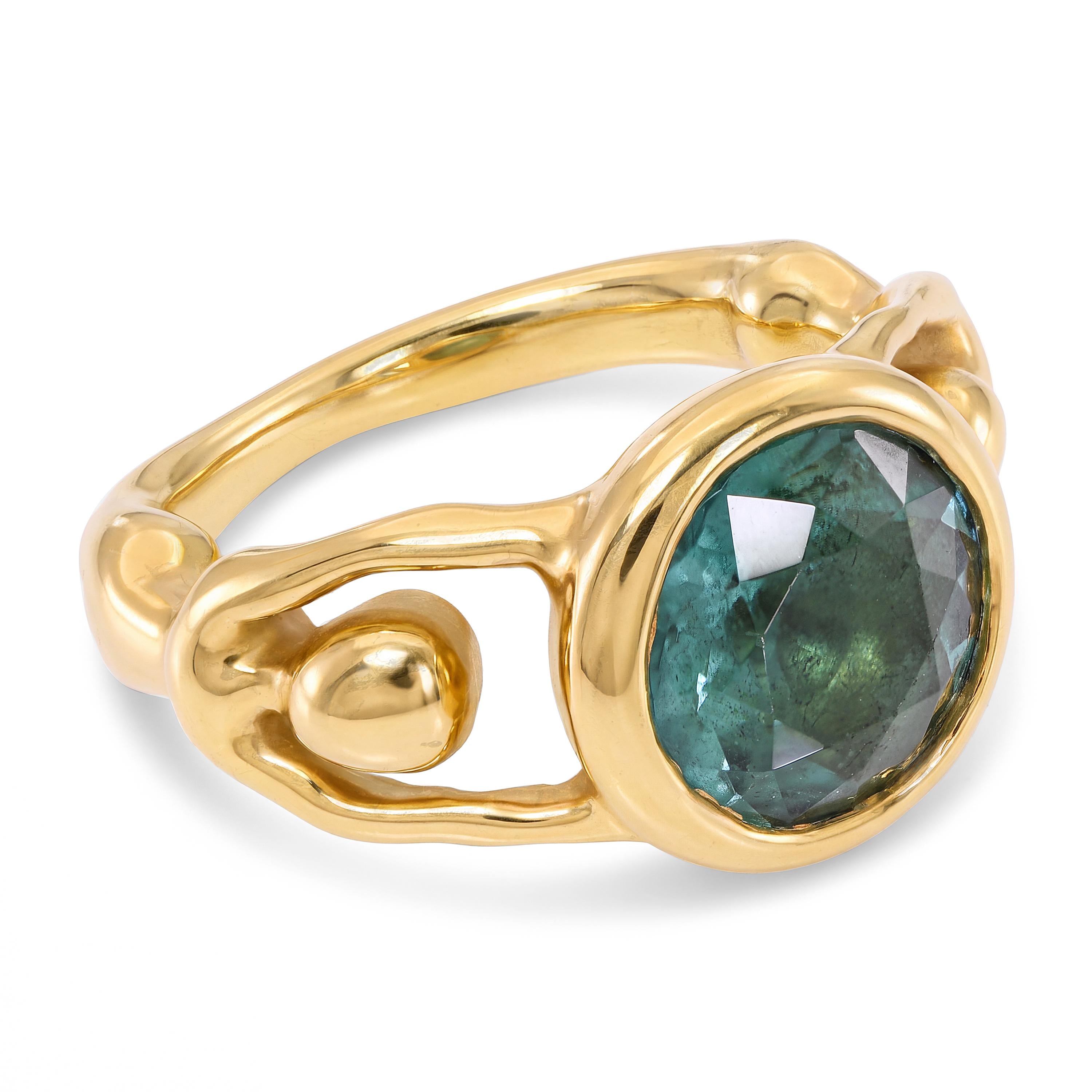 18k Yellow Gold Blue Green Tourmaline Sculptural Figural Ring GIA