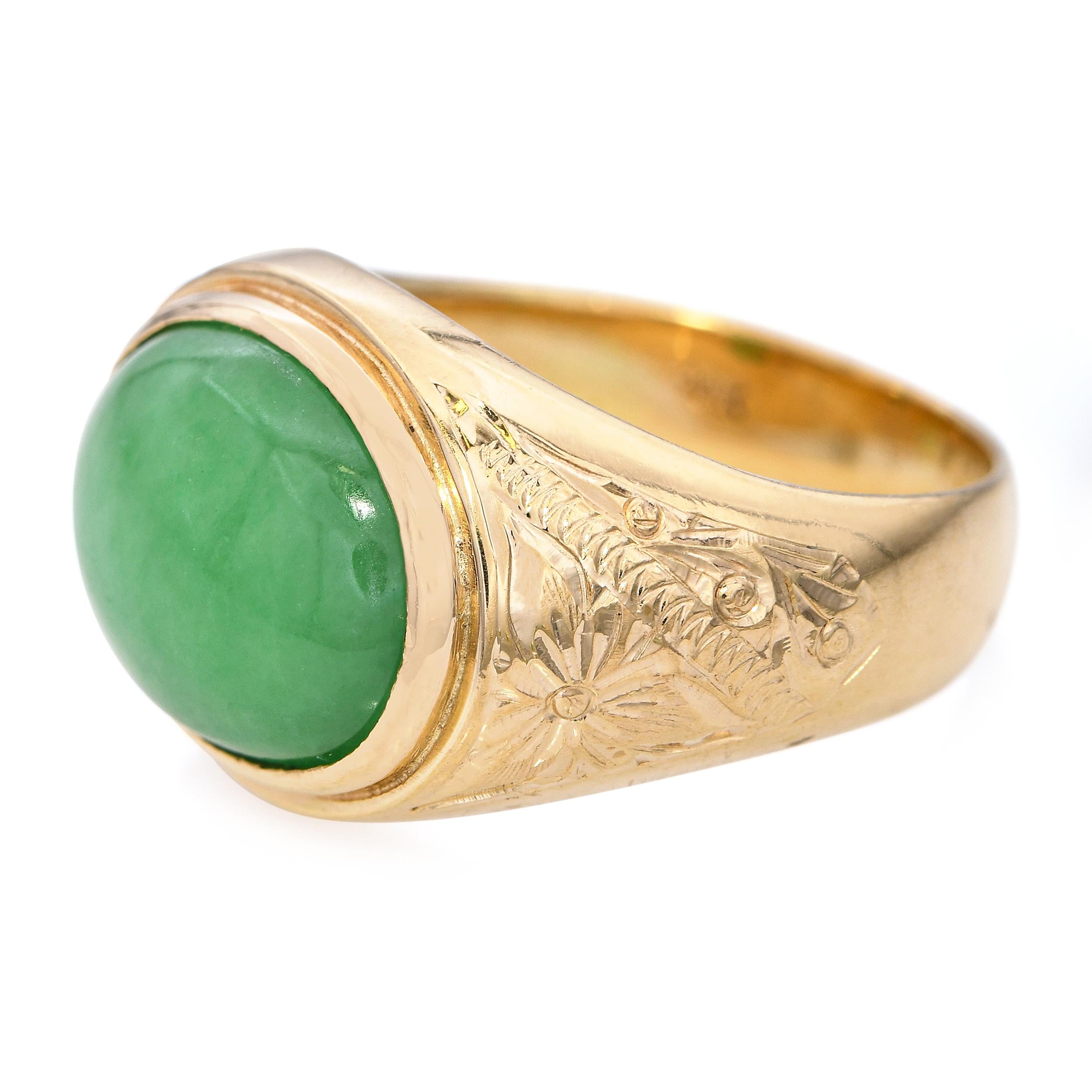 Vintage 18k Yellow Gold Green Jade Floral Motif Ring