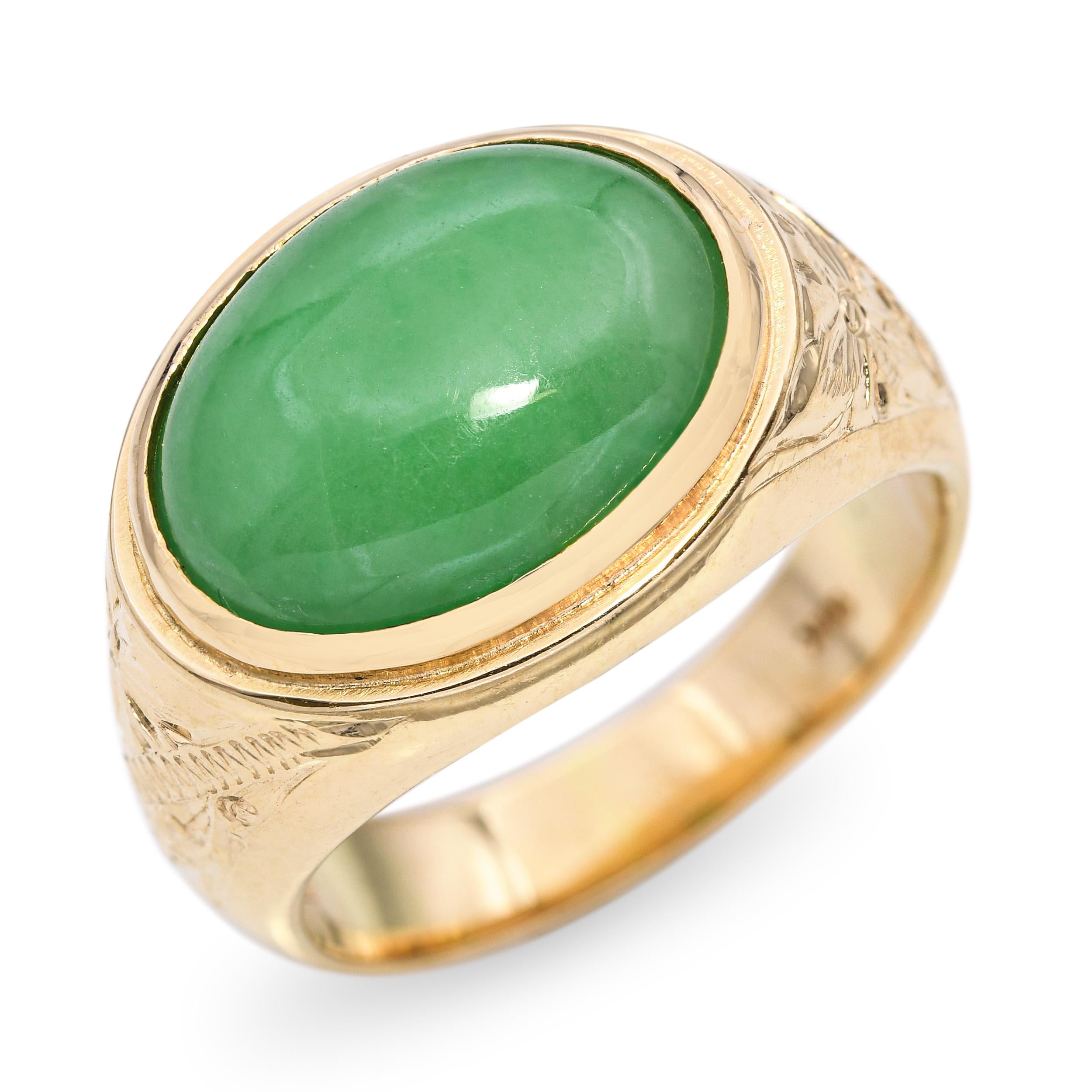 Vintage 18k Yellow Gold Green Jade Floral Motif Ring