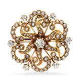 Antique 14k Yellow Gold Diamond and Seed Pearl Sunburst Cyclical Brooch