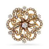 Antique 14k Yellow Gold Diamond and Seed Pearl Sunburst Cyclical Brooch