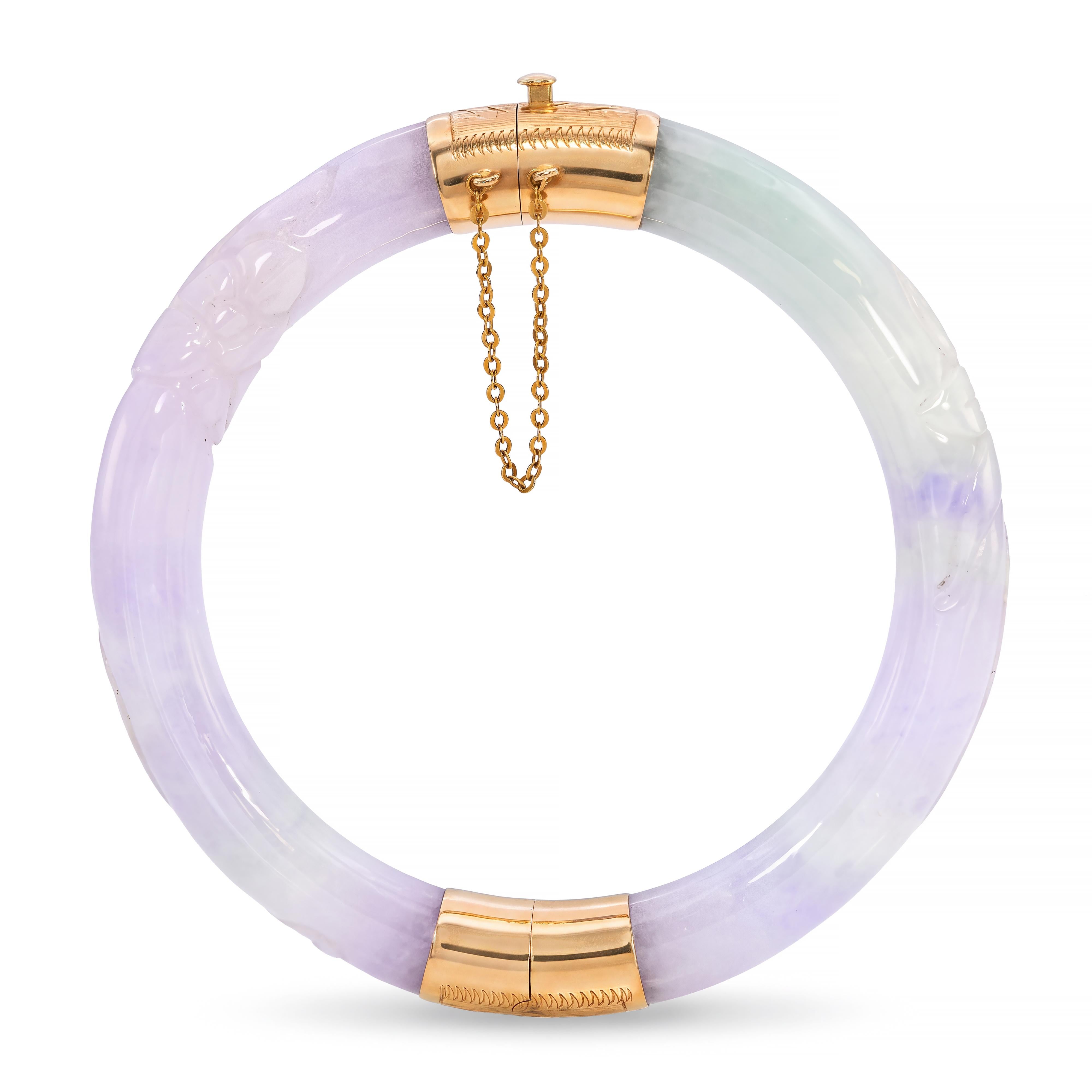 Vintage 14k Yellow Gold Lavender and Green Jadeite Hinged Bangle