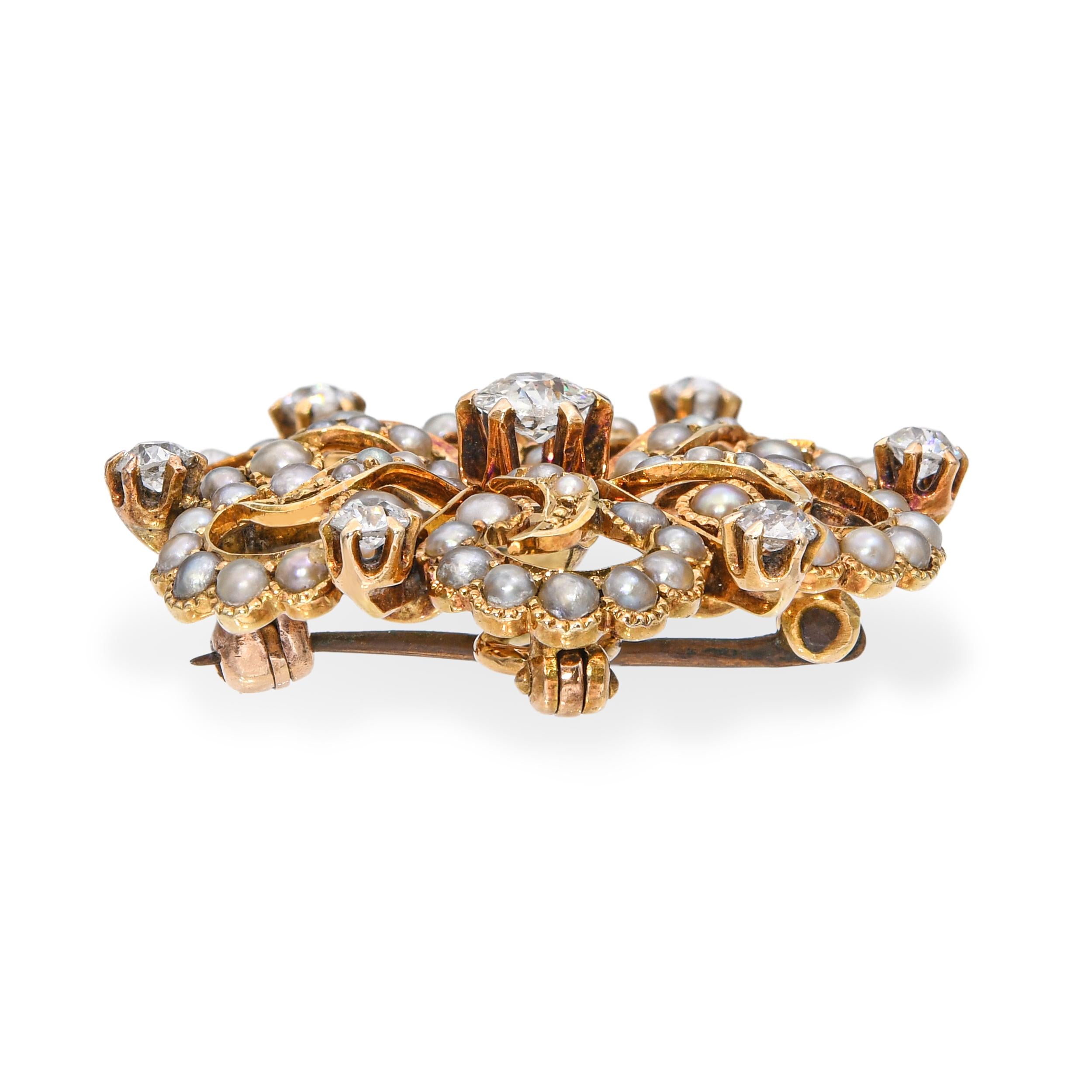 Antique 14k Yellow Gold Diamond and Seed Pearl Sunburst Cyclical Brooch