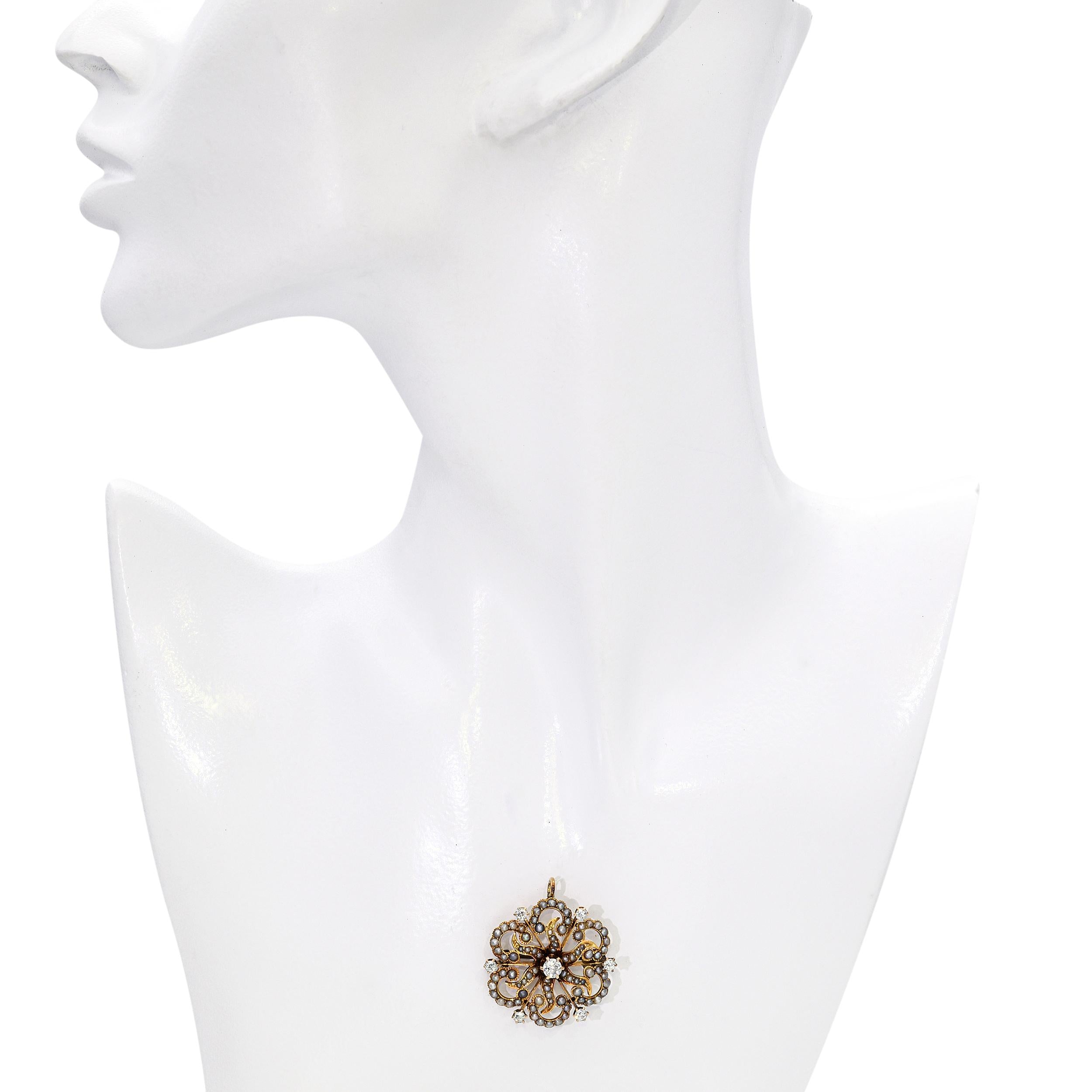 Antique 14k Yellow Gold Diamond and Seed Pearl Sunburst Cyclical Brooch
