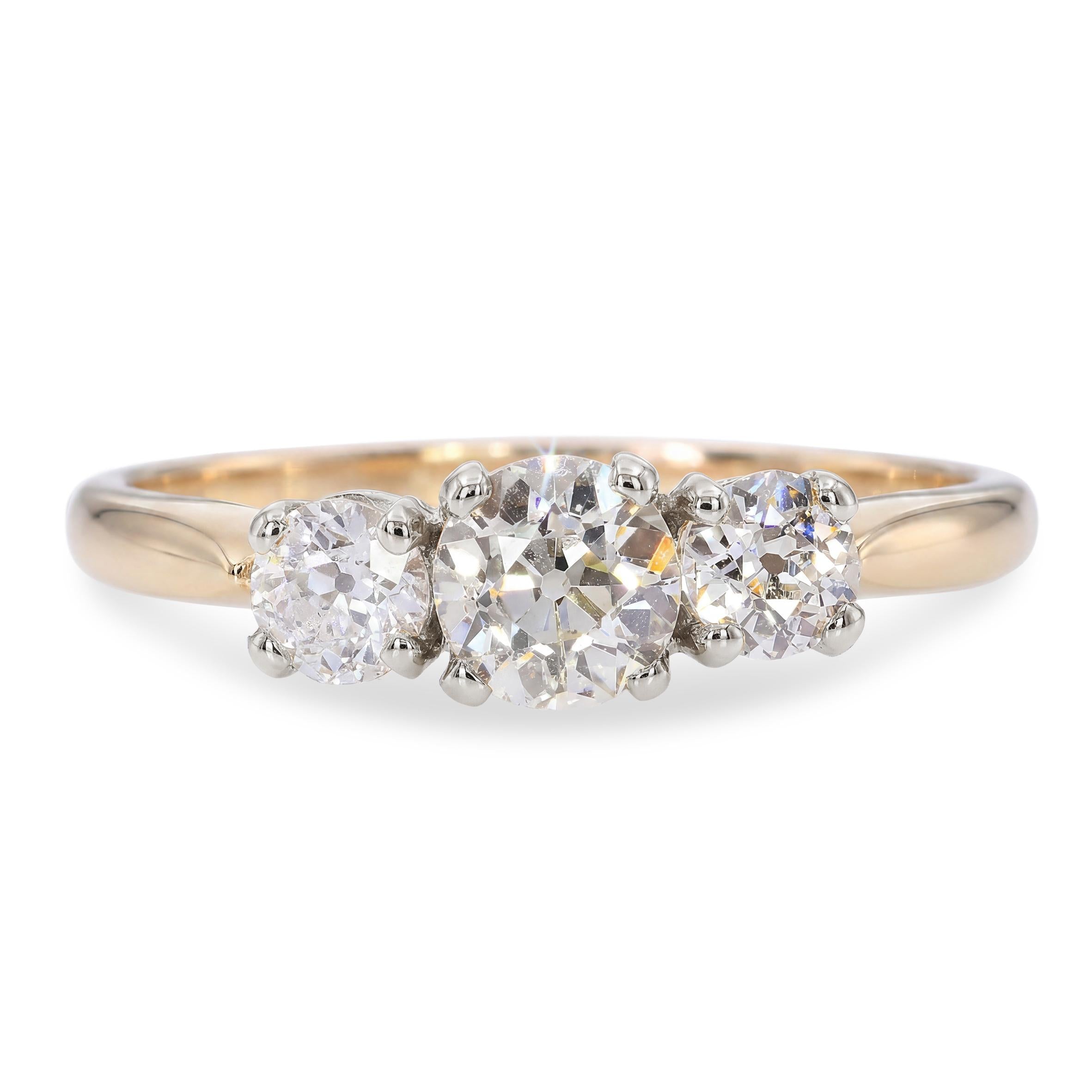 Antique 14k Yellow Gold and Platinum 0.84tcw I Si1 Diamond Three-Stone Ring