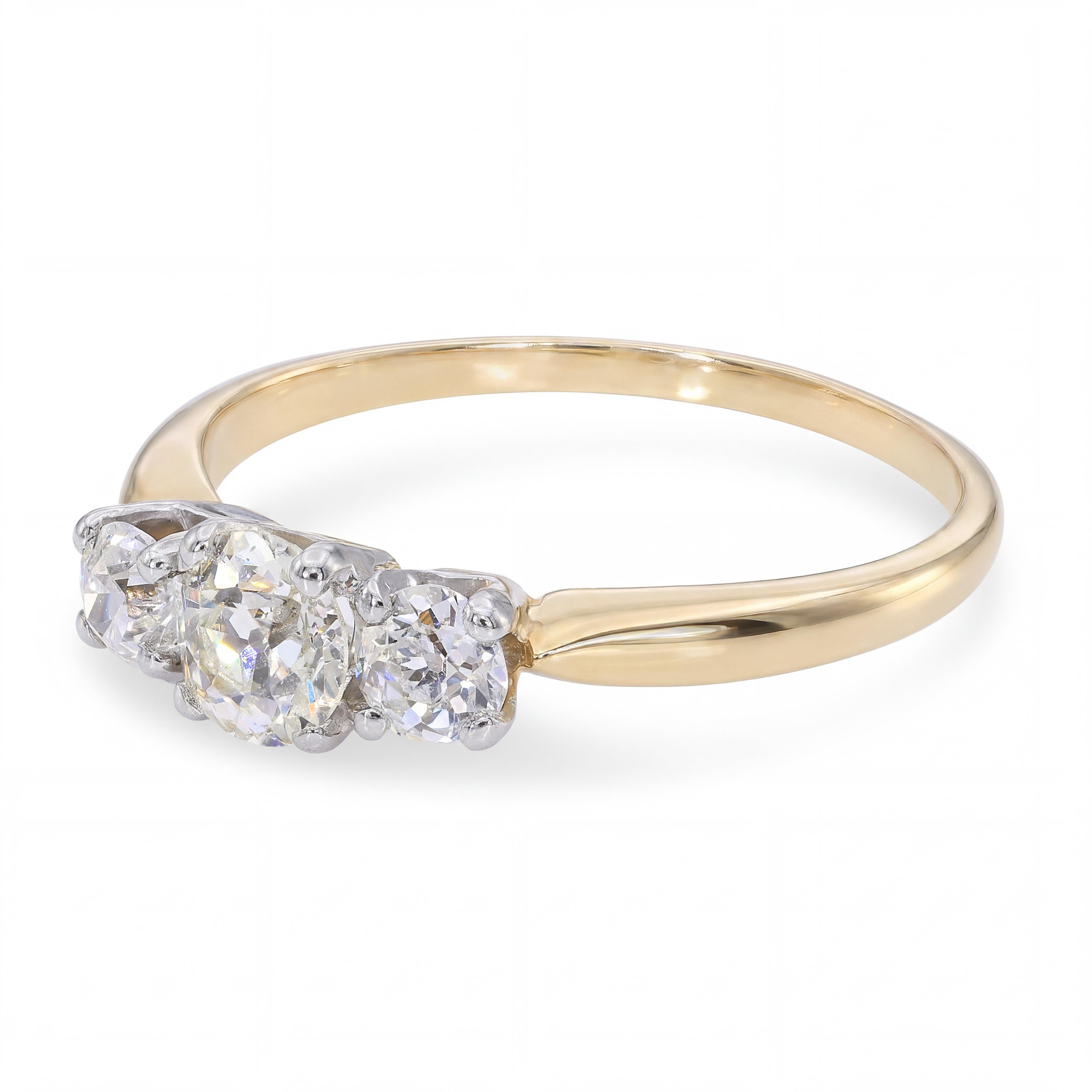 Antique 14k Yellow Gold and Platinum 0.84tcw I Si1 Diamond Three-Stone Ring