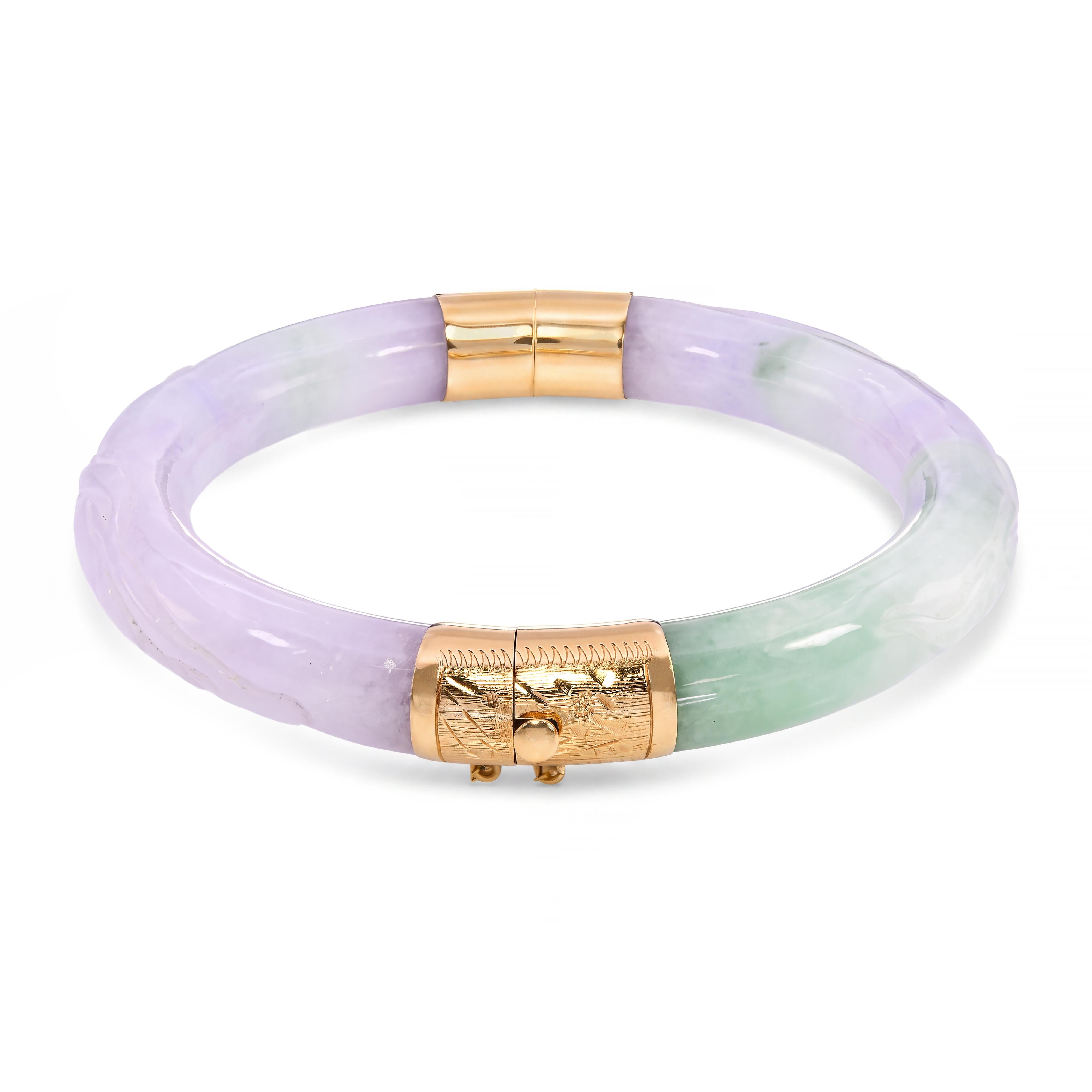 Vintage 14k Yellow Gold Lavender and Green Jadeite Hinged Bangle