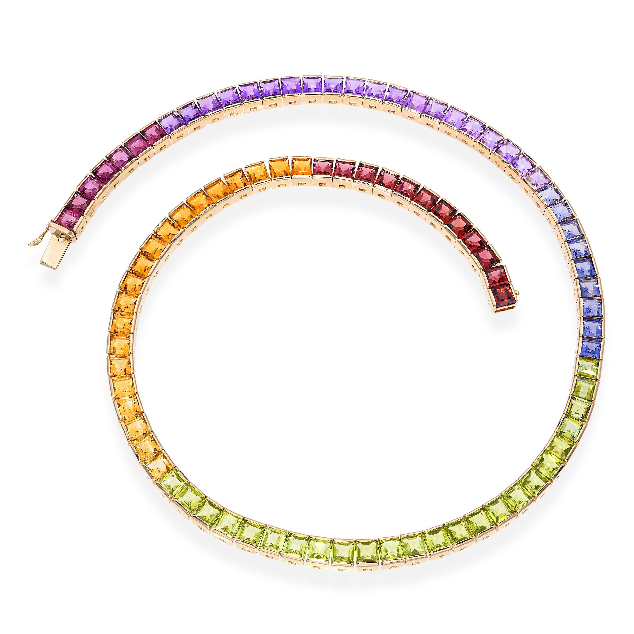14k Yellow Gold Channel Set Multi-Gemstone Rainbow Ombre Line Necklace