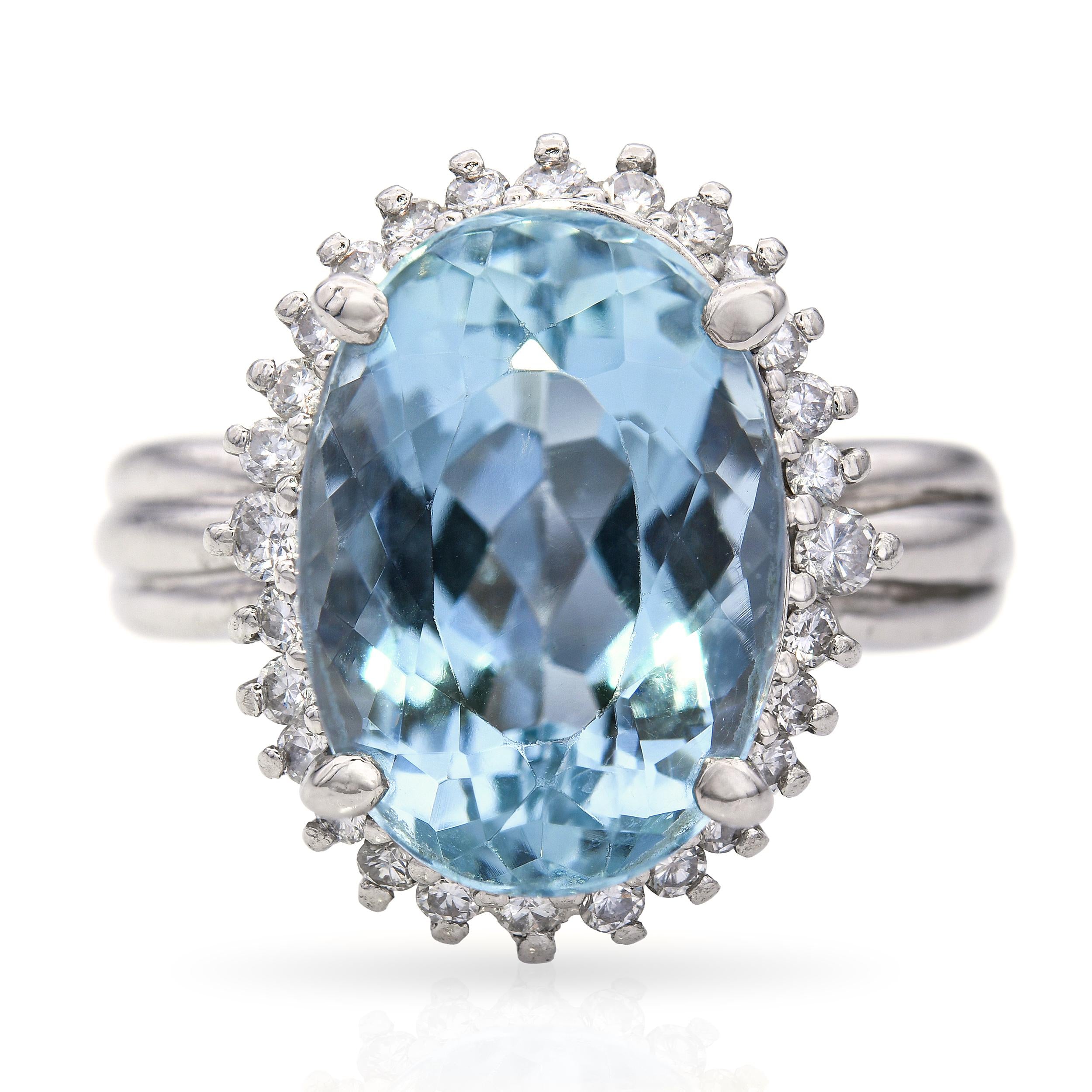 Platinum 4.90ct Aquamarine and Diamond Halo Ring