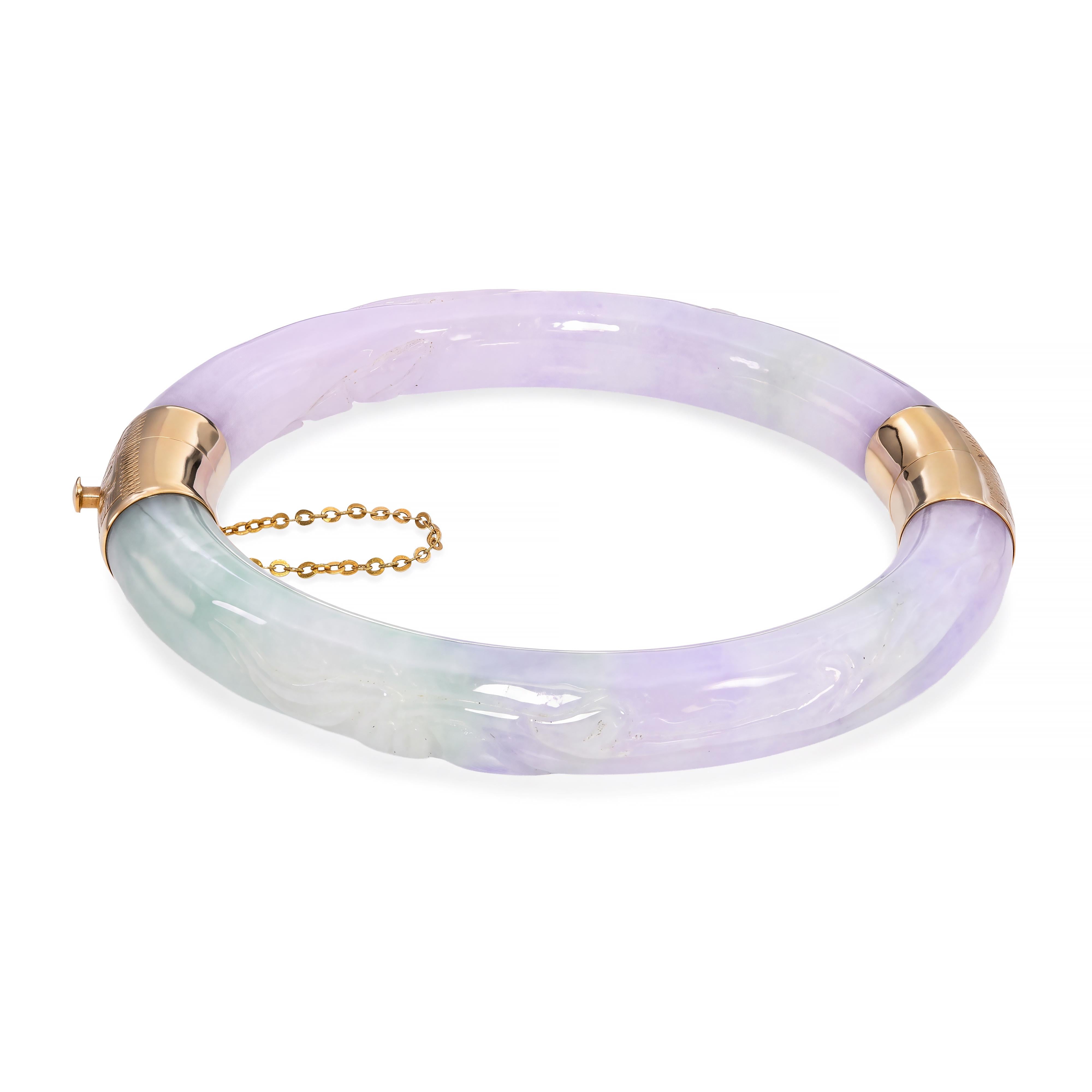 Vintage 14k Yellow Gold Lavender and Green Jadeite Hinged Bangle