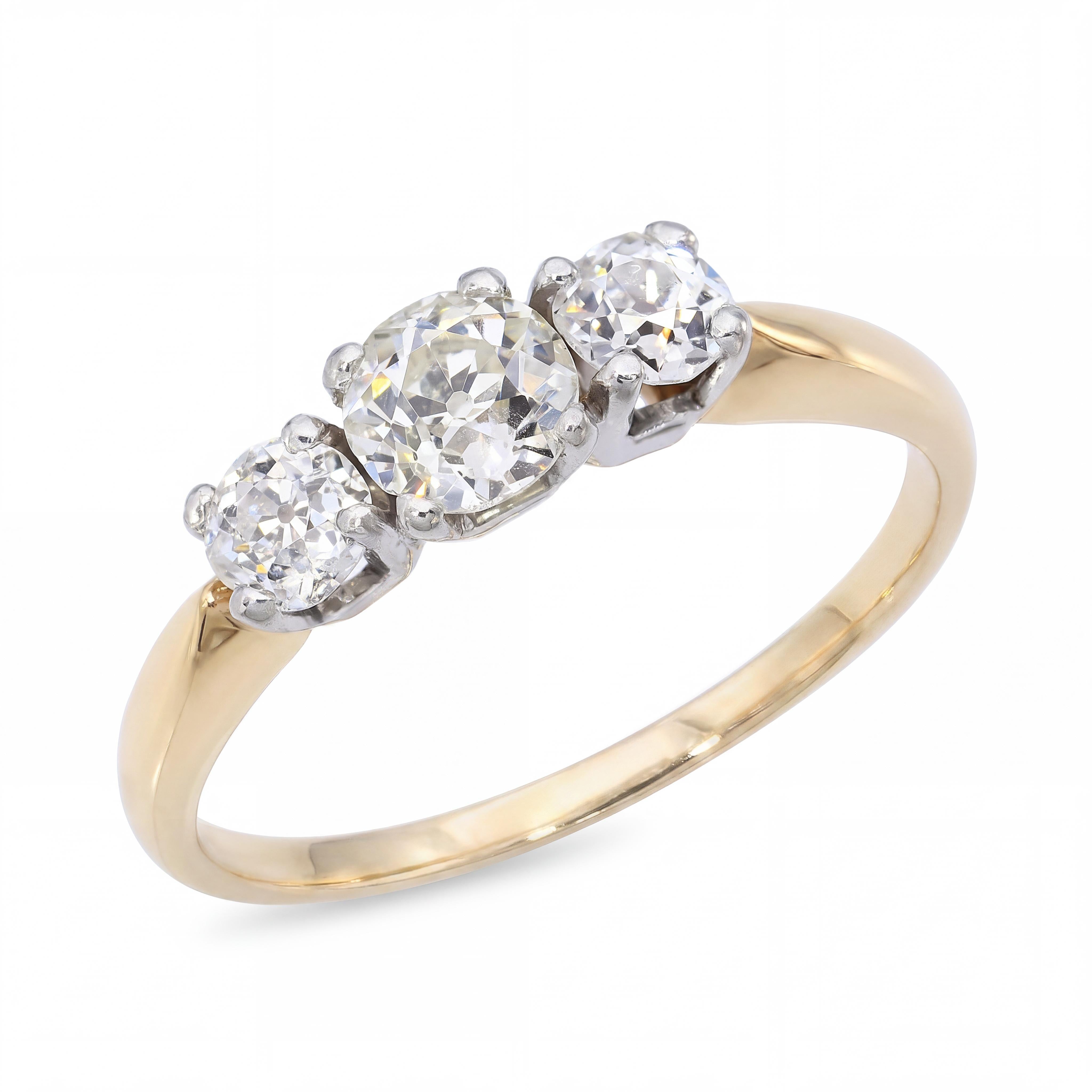 Antique 14k Yellow Gold and Platinum 0.84tcw I Si1 Diamond Three-Stone Ring