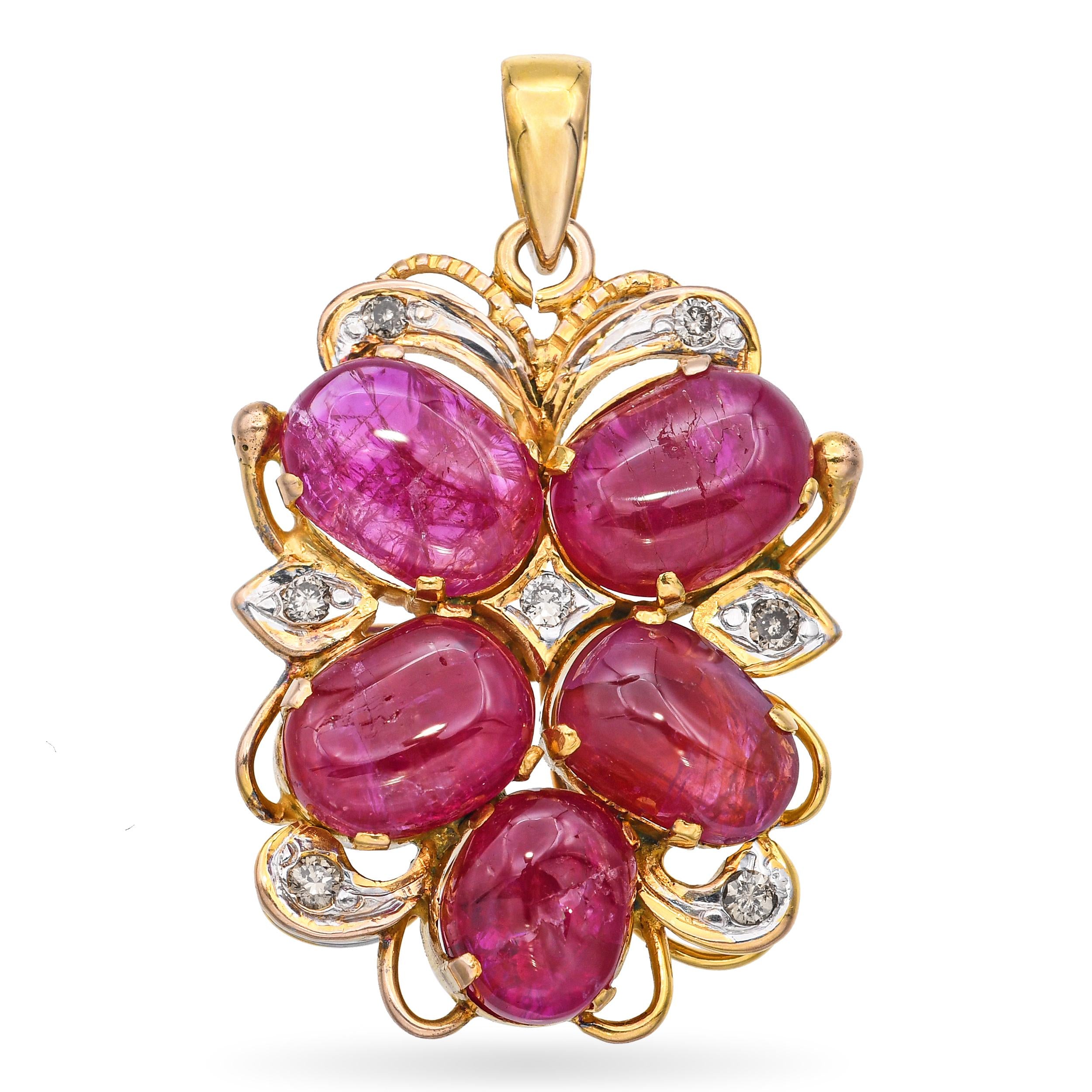 Vintage 15k Yellow Gold 8.2tcw Ruby and 0.1tcw Diamond Pendant