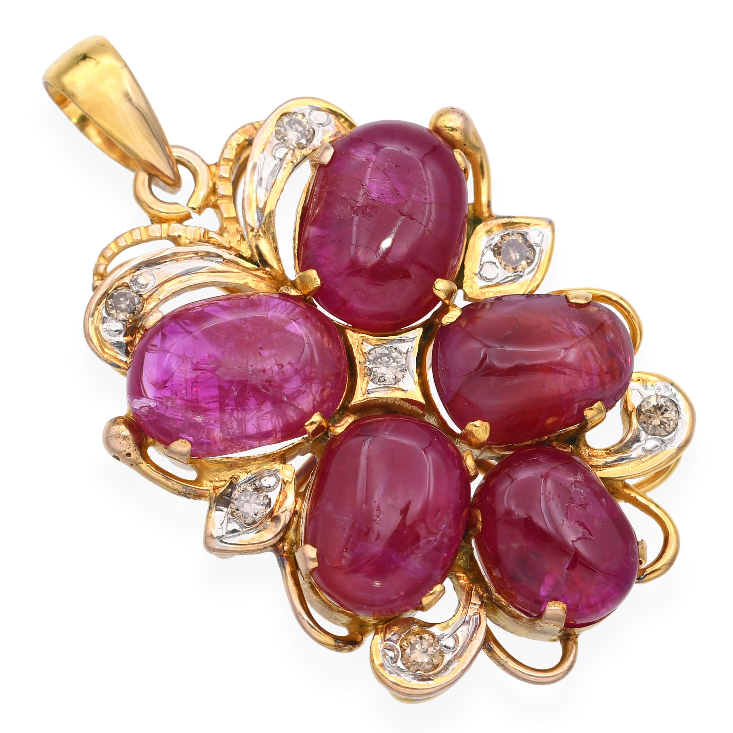Vintage 15k Yellow Gold 8.2tcw Ruby and 0.1tcw Diamond Pendant