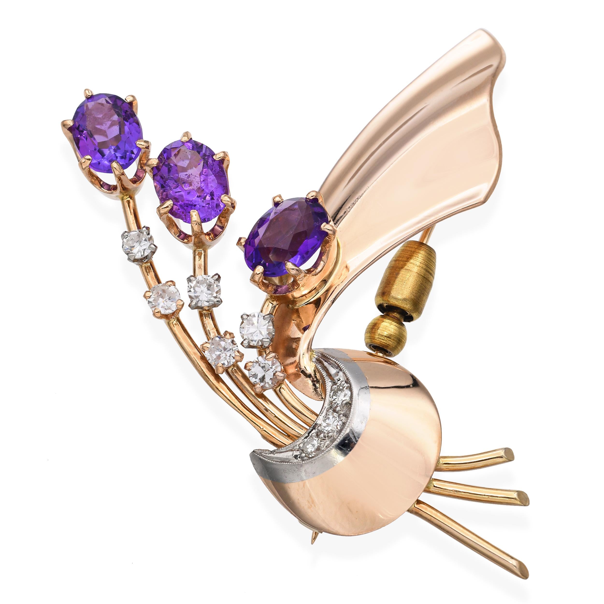 Vintage 14k Rose Gold 3.75tcw Amethyst and Diamond Bouquet Brooch