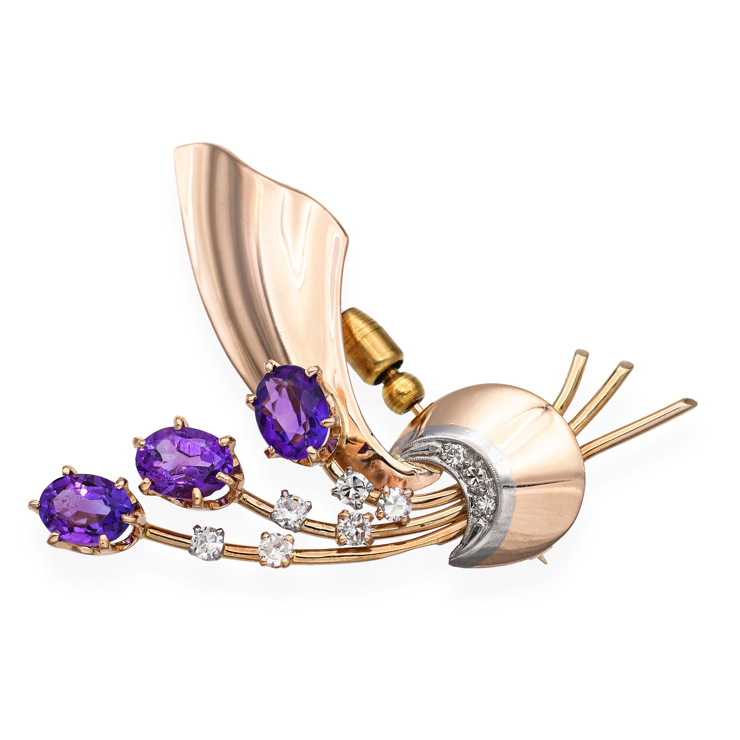 Vintage 14k Rose Gold 3.75tcw Amethyst and Diamond Bouquet Brooch