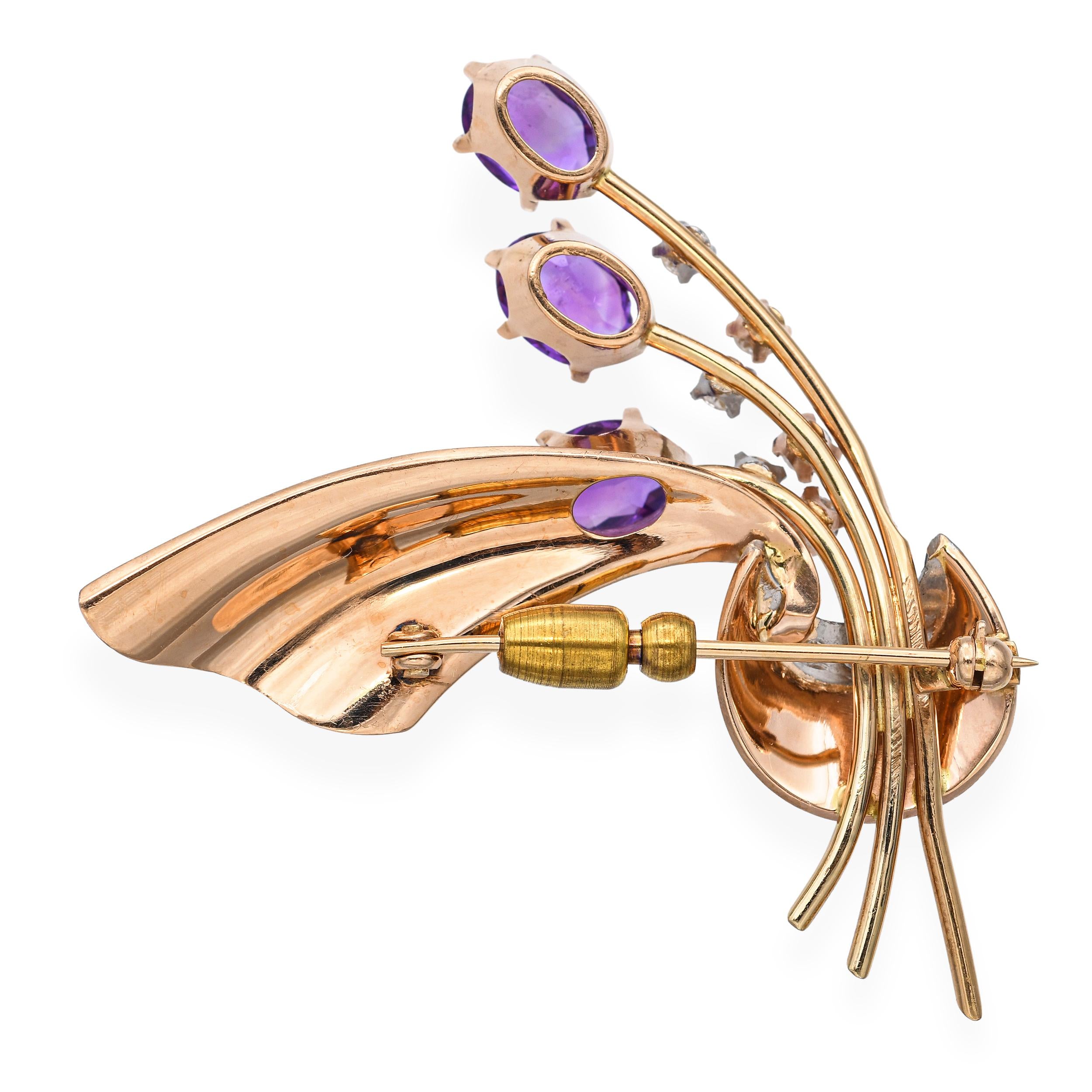 Vintage 14k Rose Gold 3.75tcw Amethyst and Diamond Bouquet Brooch