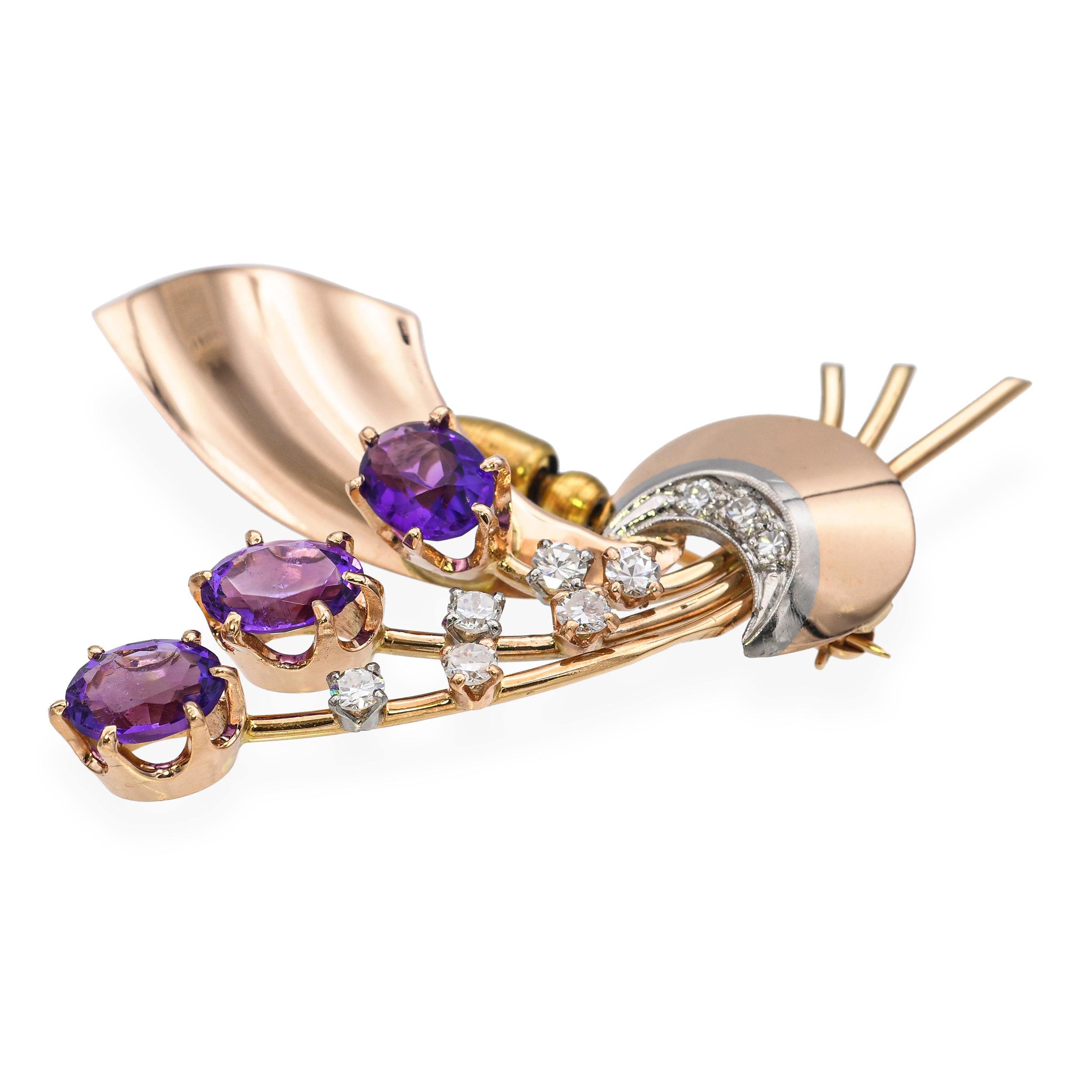 Vintage 14k Rose Gold 3.75tcw Amethyst and Diamond Bouquet Brooch