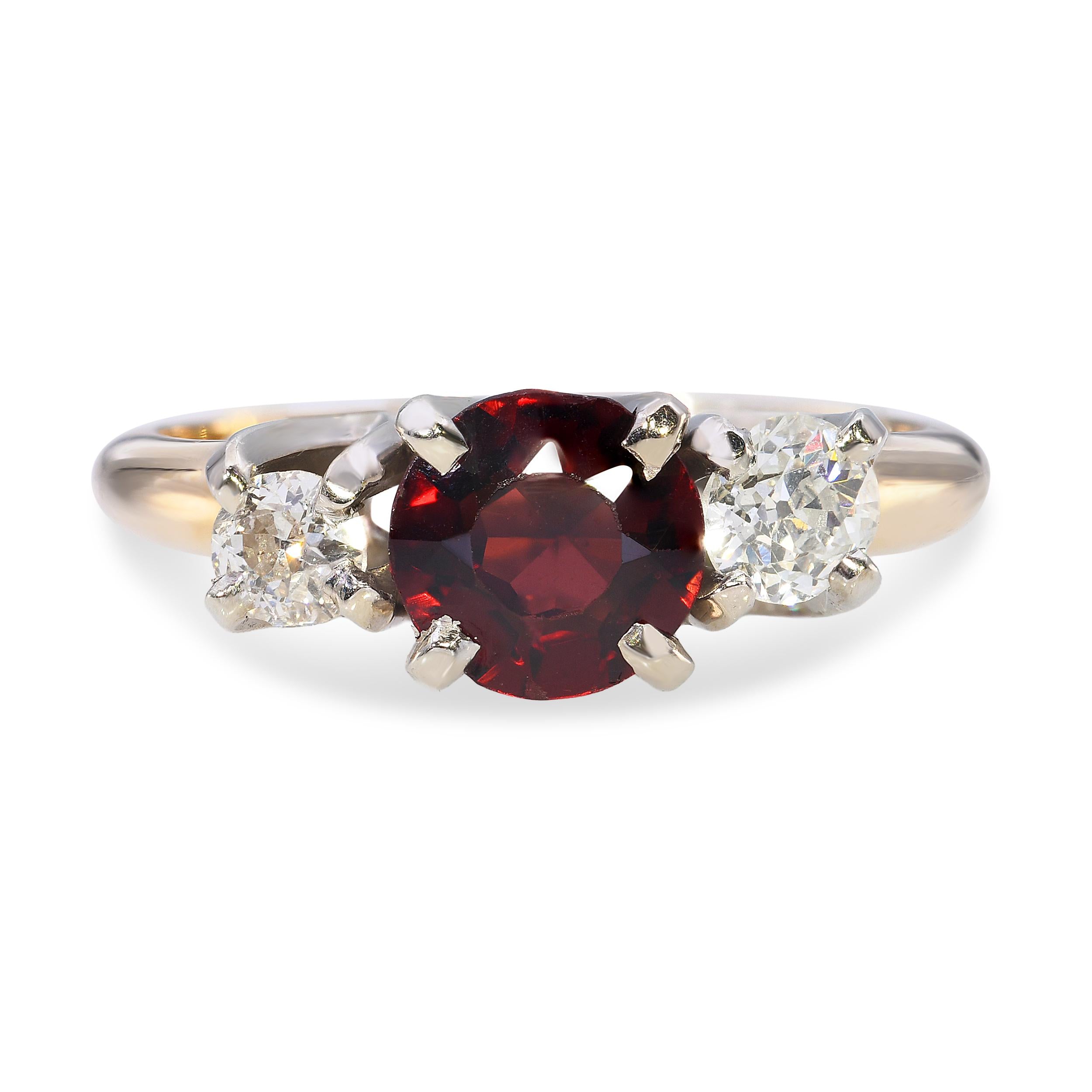 Vintage 14k Yellow Gold Three Stone Garnet & Diamond Ring