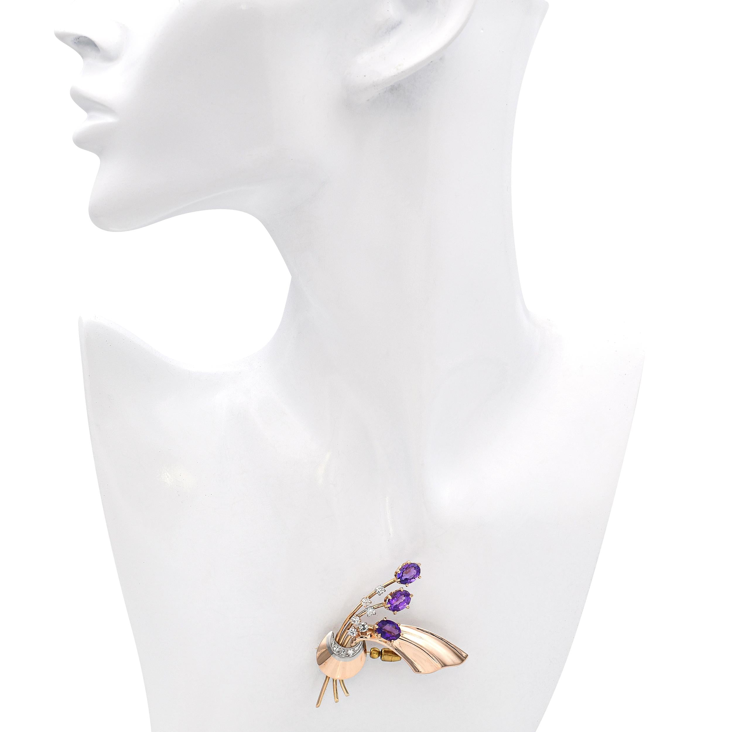 Vintage 14k Rose Gold 3.75tcw Amethyst and Diamond Bouquet Brooch