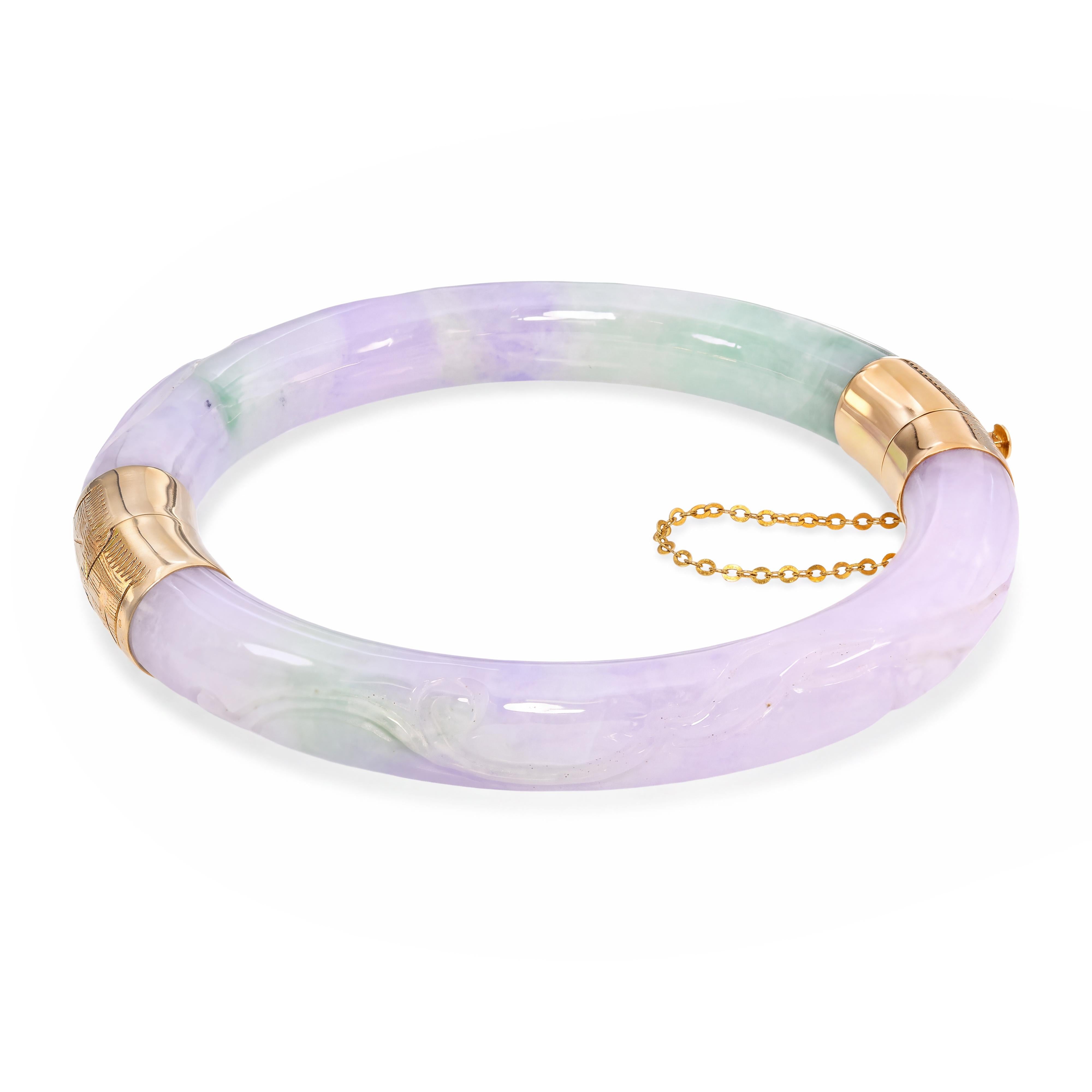 Vintage 14k Yellow Gold Lavender and Green Jadeite Hinged Bangle