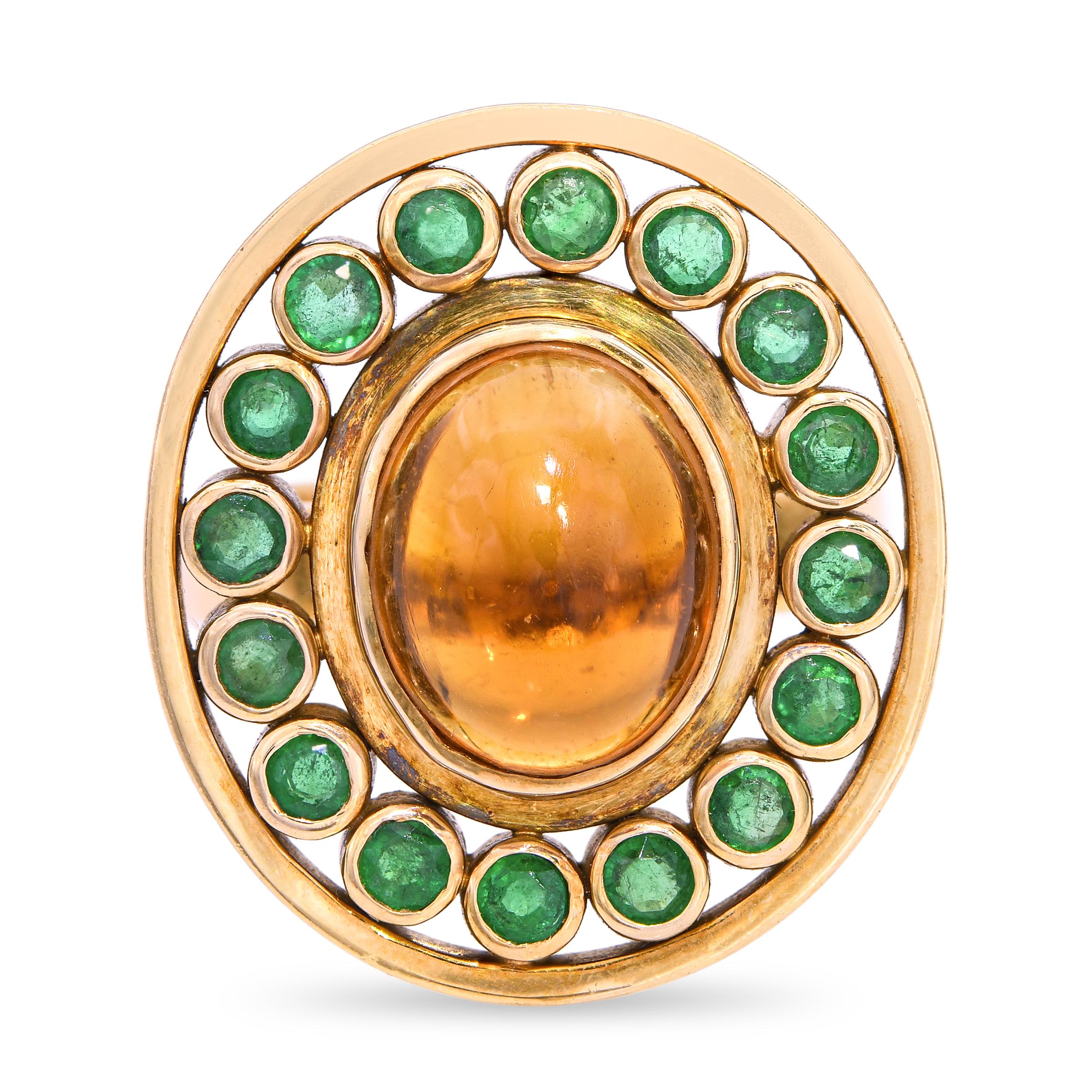18k Yellow Gold 3.87ct Citrine Cabochon and Emerald Statement Ring