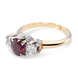 Vintage 14k Yellow Gold Three Stone Garnet & Diamond Ring