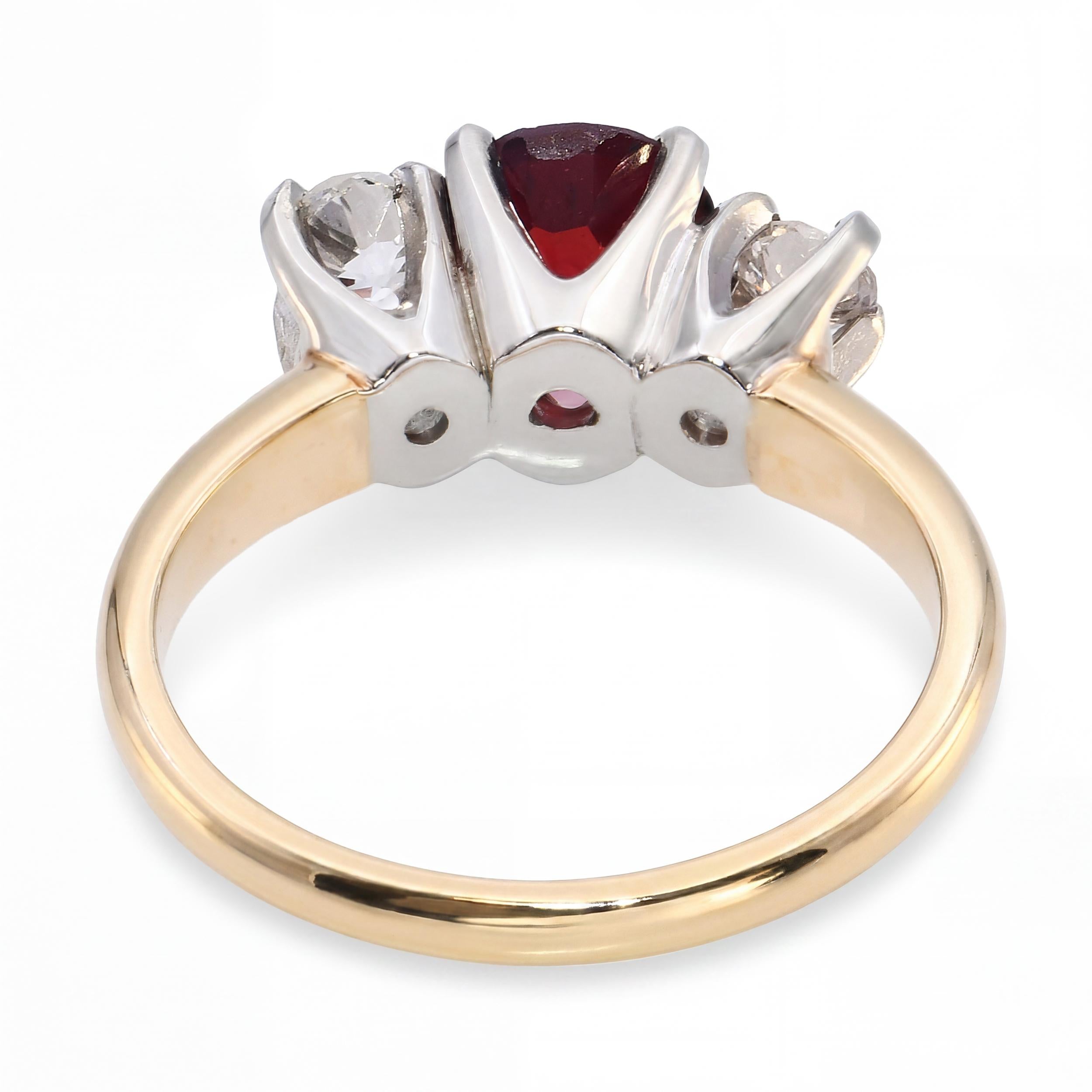 Vintage 14k Yellow Gold Three Stone Garnet & Diamond Ring