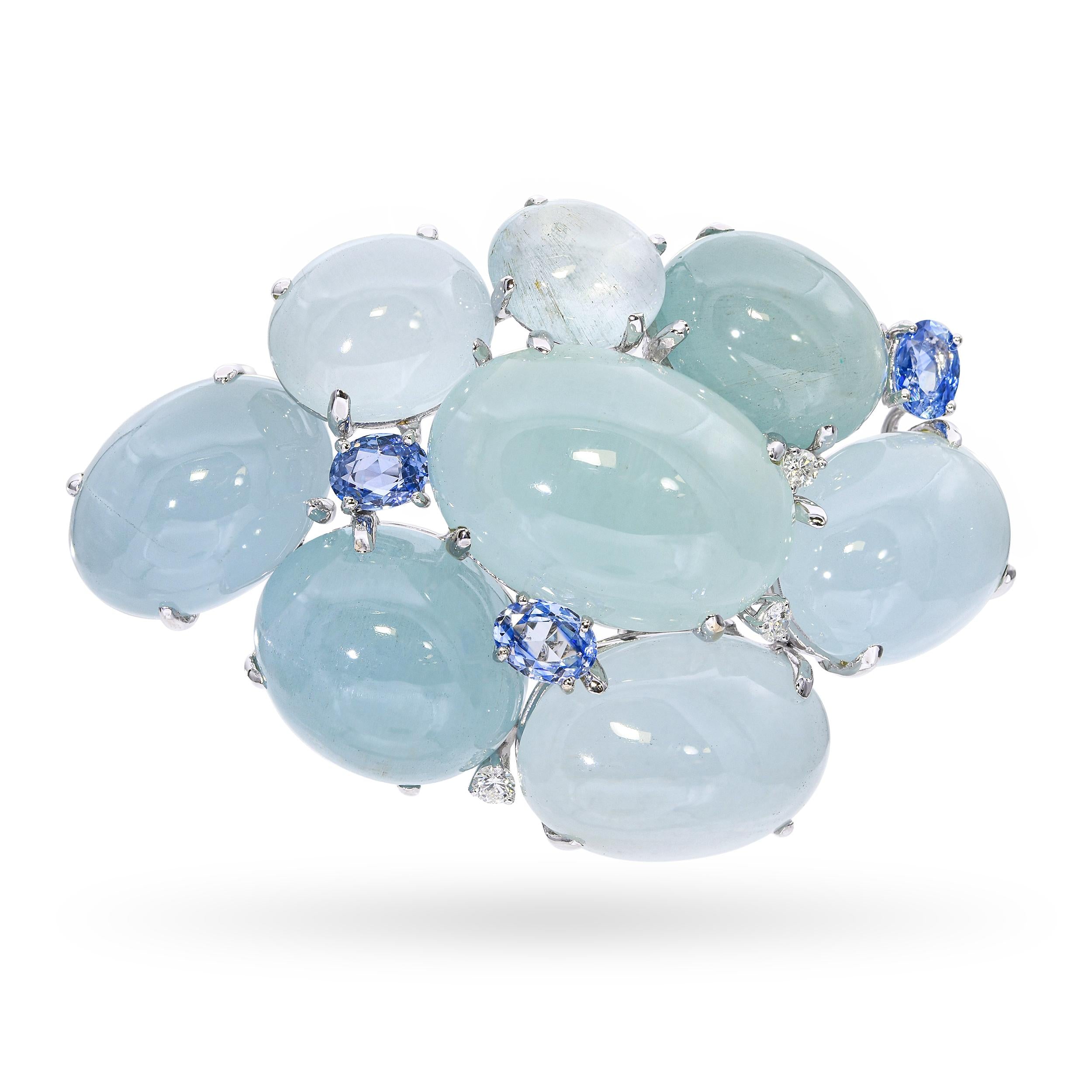 Vintage 17k White Gold Aquamarine, Sapphire, and Diamond Cluster Brooch