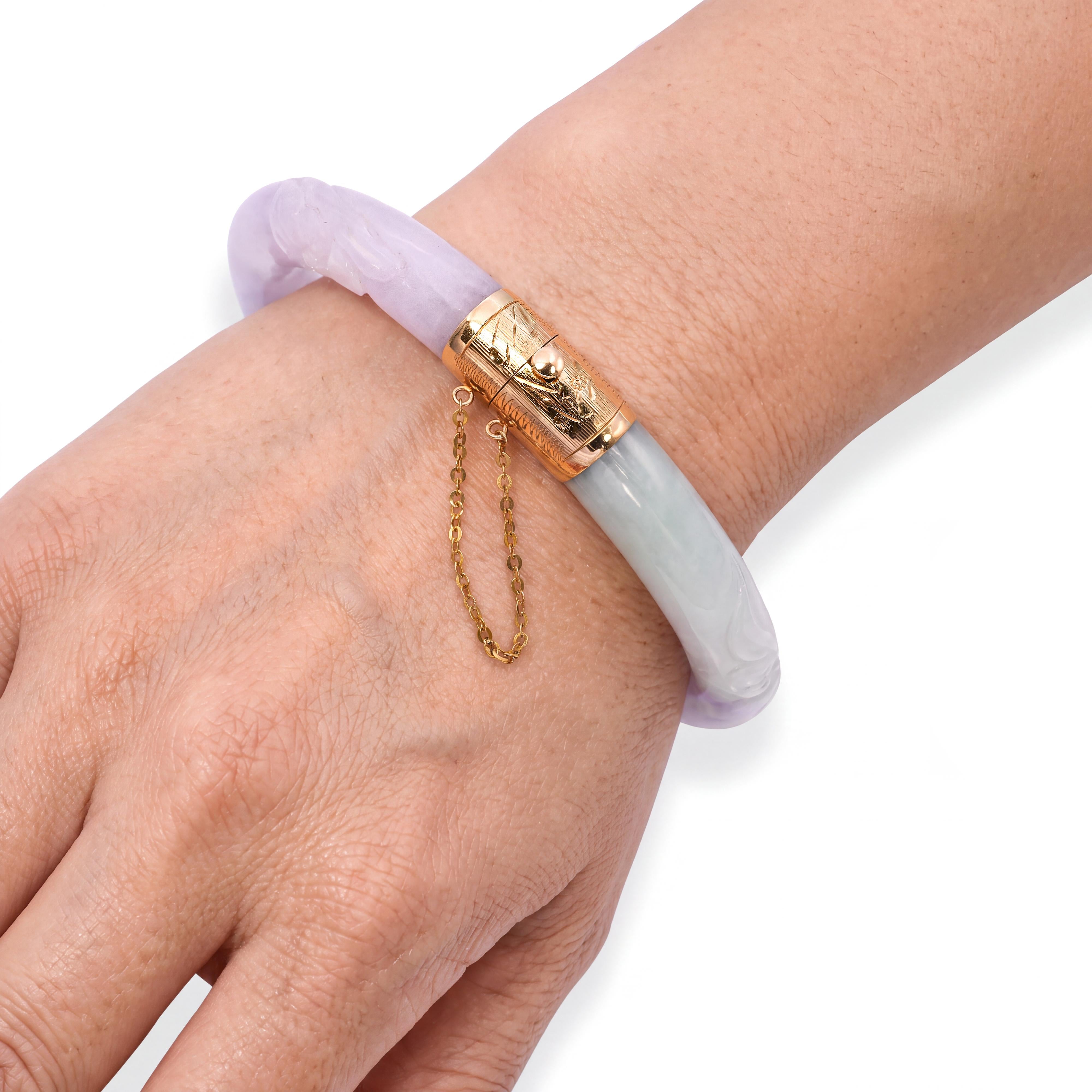 Vintage 14k Yellow Gold Lavender and Green Jadeite Hinged Bangle
