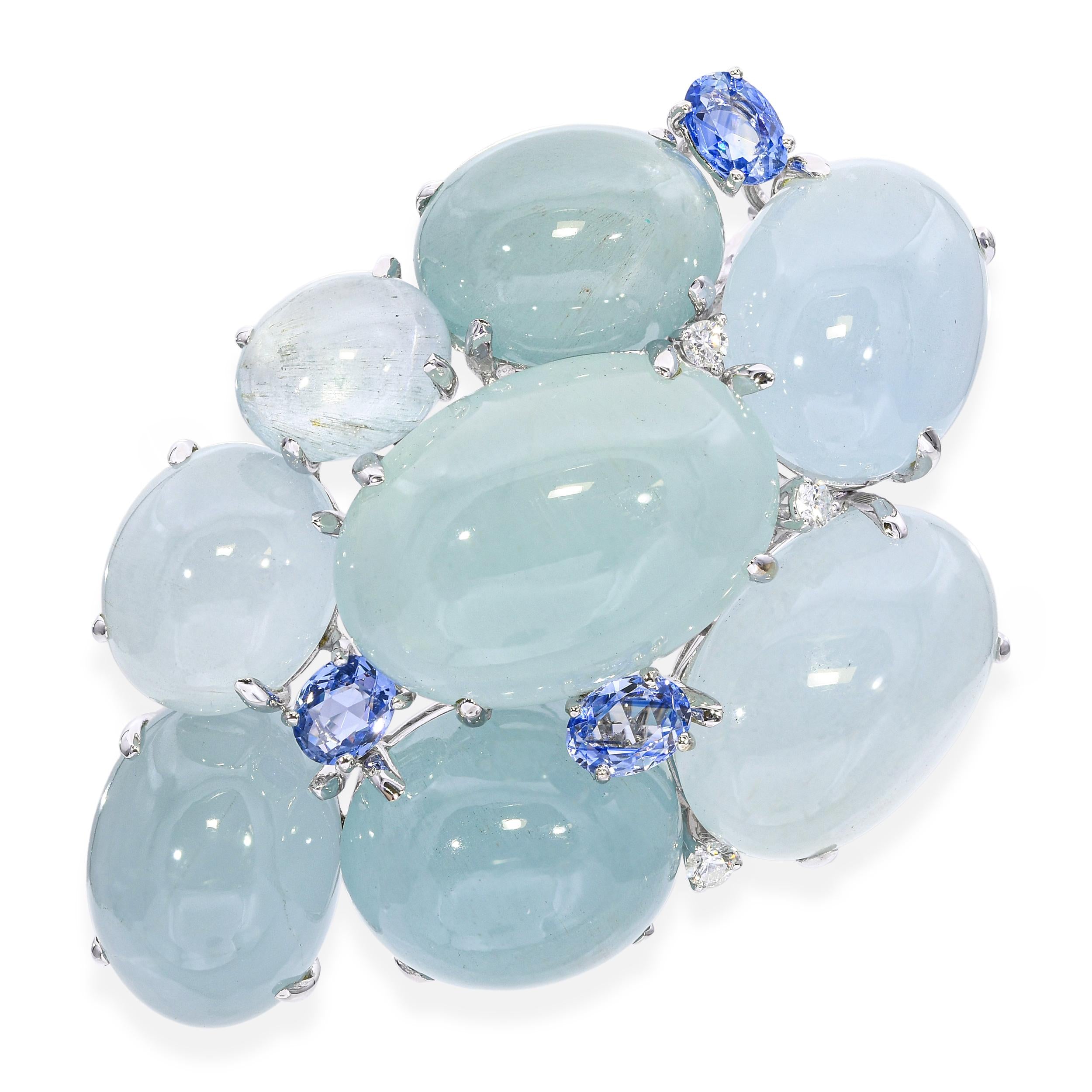 Vintage 17k White Gold Aquamarine, Sapphire, and Diamond Cluster Brooch