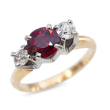 Vintage 14k Yellow Gold Three Stone Garnet & Diamond Ring