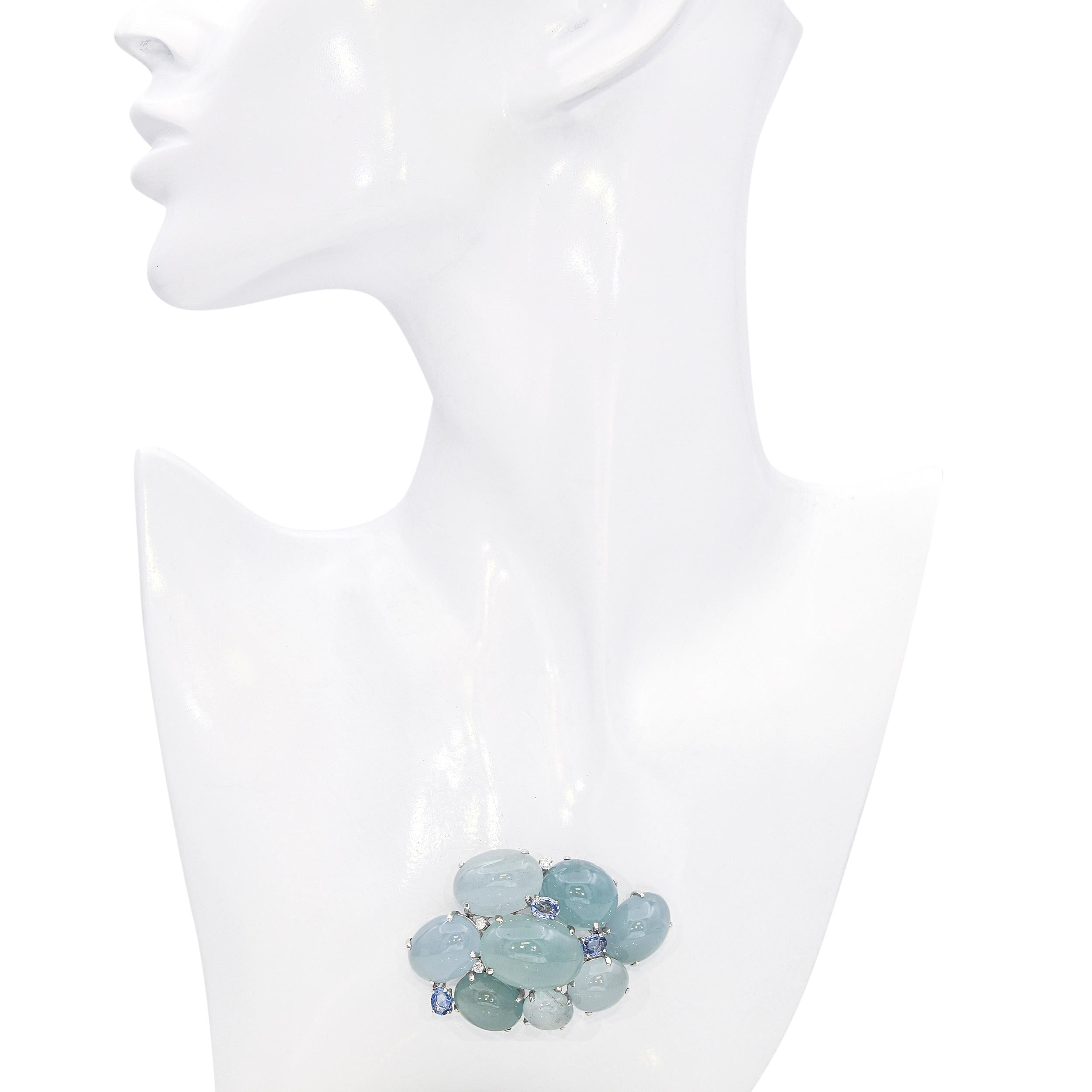 Vintage 17k White Gold Aquamarine, Sapphire, and Diamond Cluster Brooch
