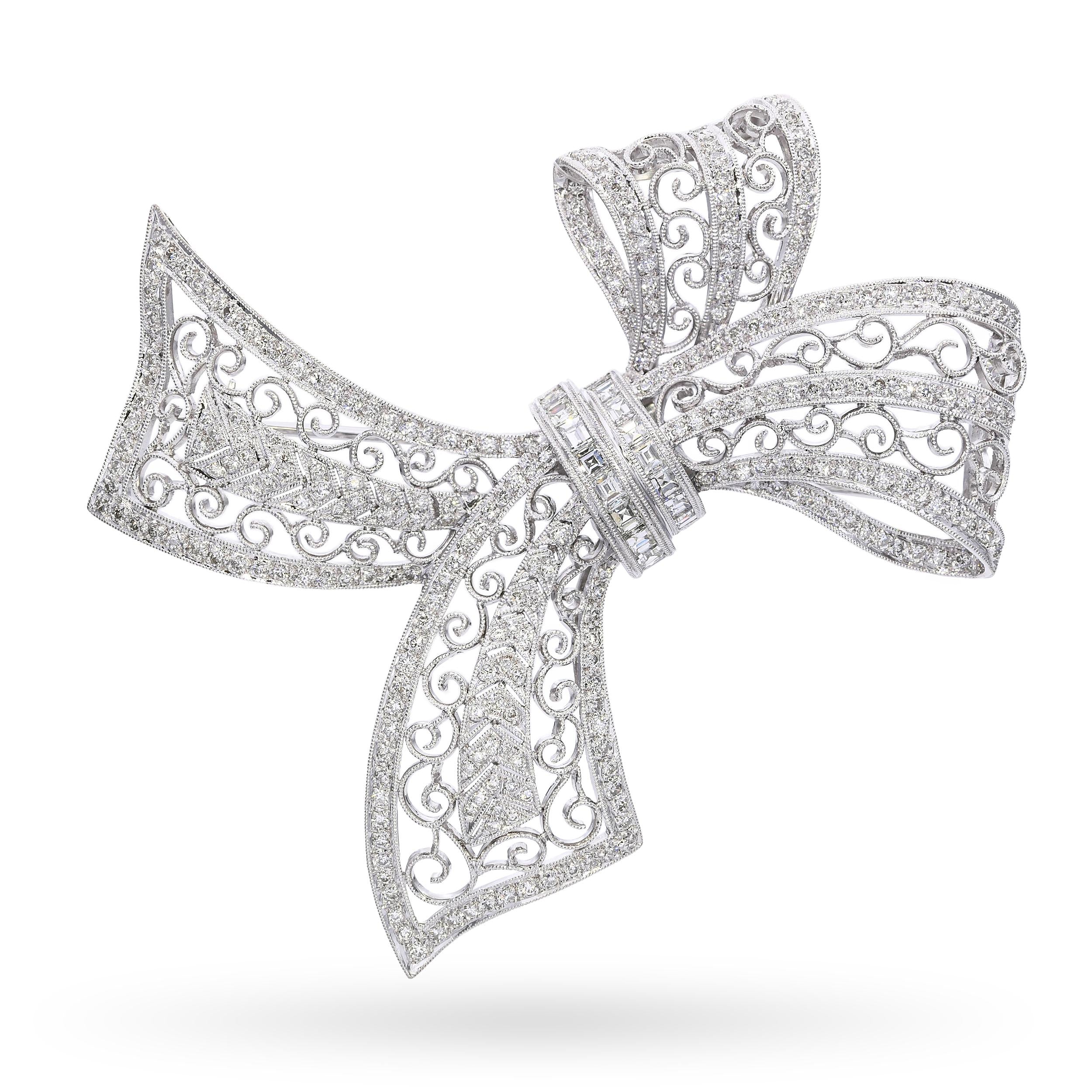 Vintage White Gold 3.20tcw Diamond Bow Brooch