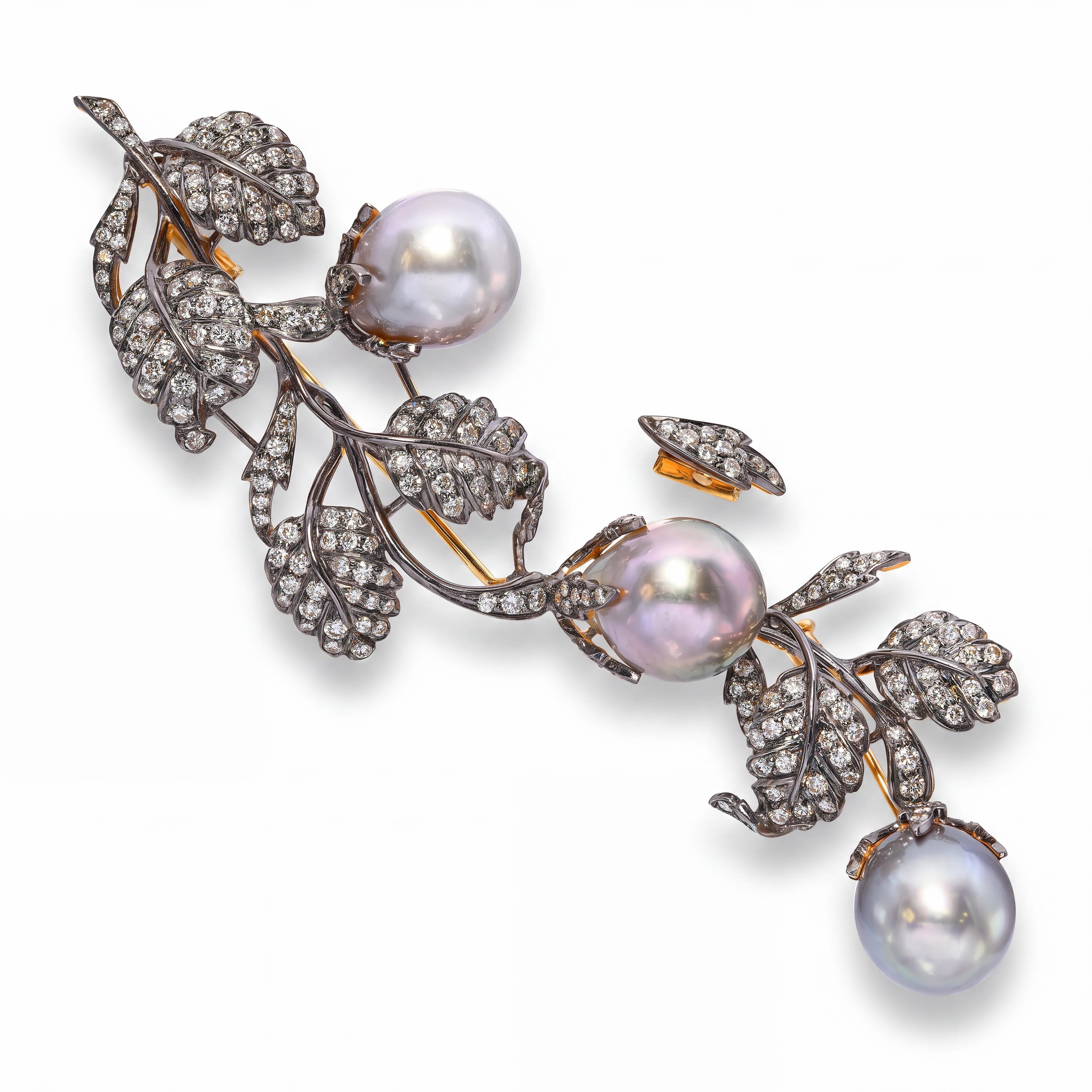 Vintage Black Rhodium 18k Yellow Gold Diamond and Pearl Convertible Brooch