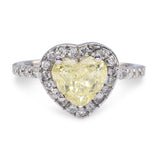Vintage 18K White Gold 1.62ct Fancy Light Greenish Yellow Heart Diamond Ring