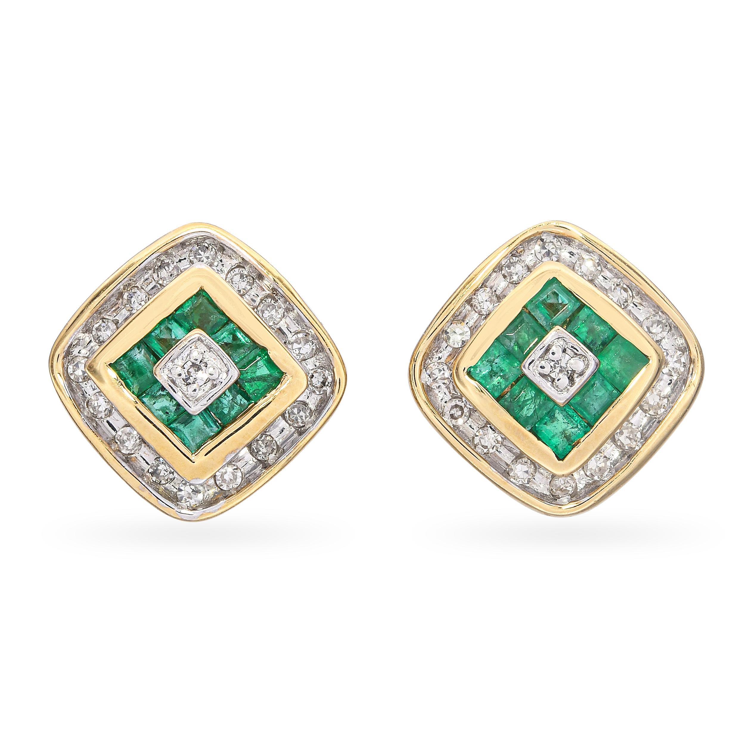 14k Yellow Gold Princess Cut Emerald and Diamond Stud Earrings