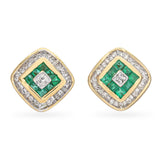 14k Yellow Gold Princess Cut Emerald and Diamond Stud Earrings