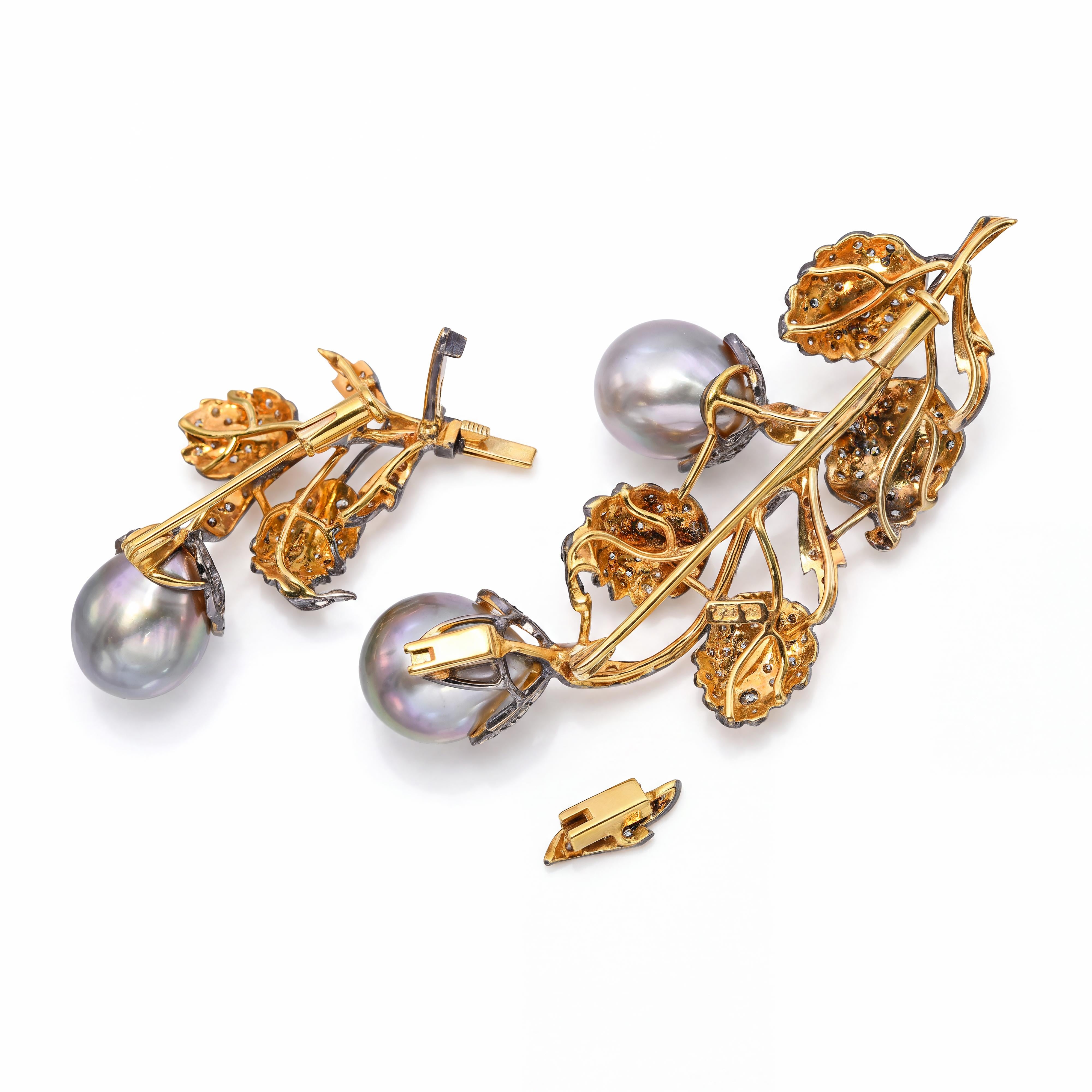 Vintage Black Rhodium 18k Yellow Gold Diamond and Pearl Convertible Brooch