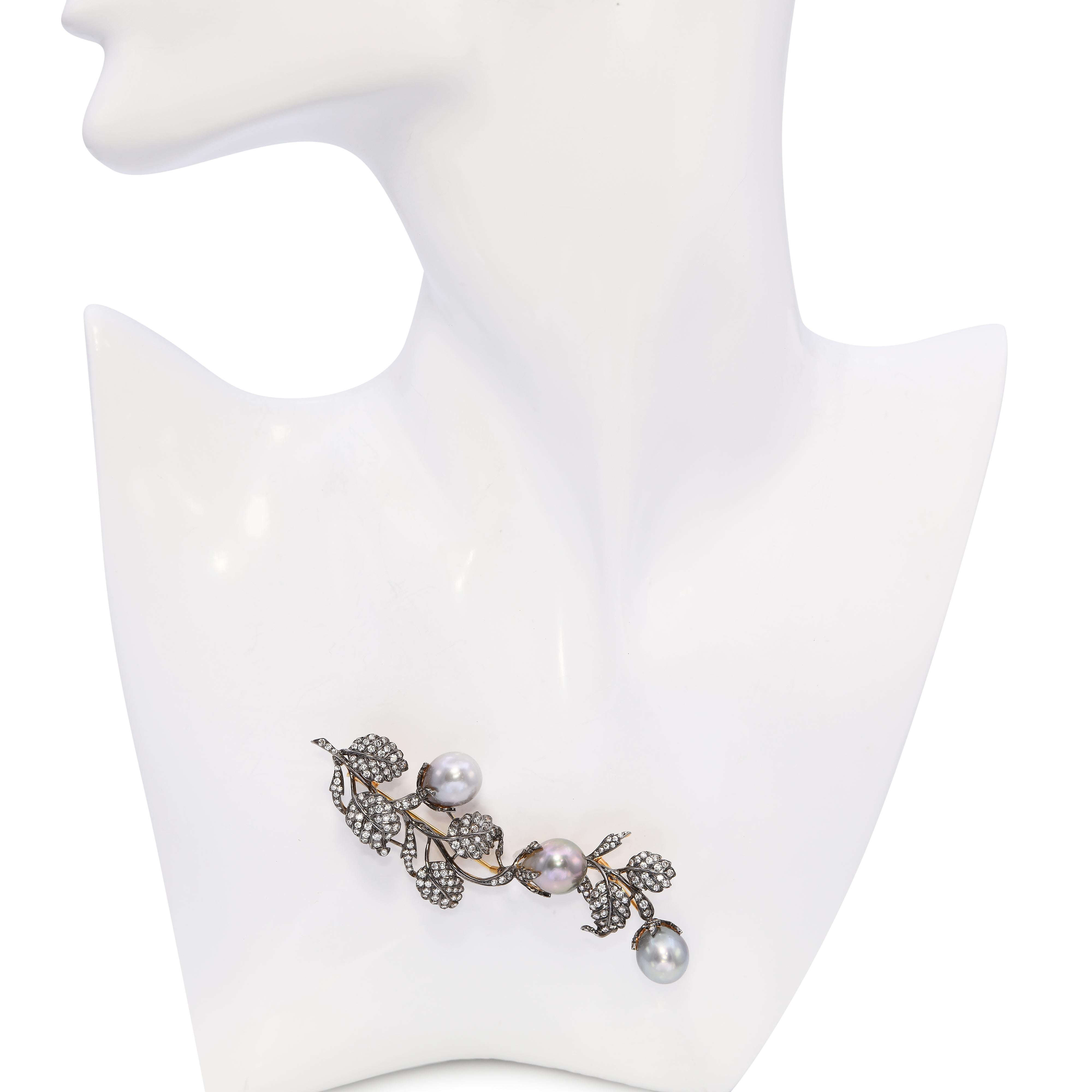Vintage Black Rhodium 18k Yellow Gold Diamond and Pearl Convertible Brooch